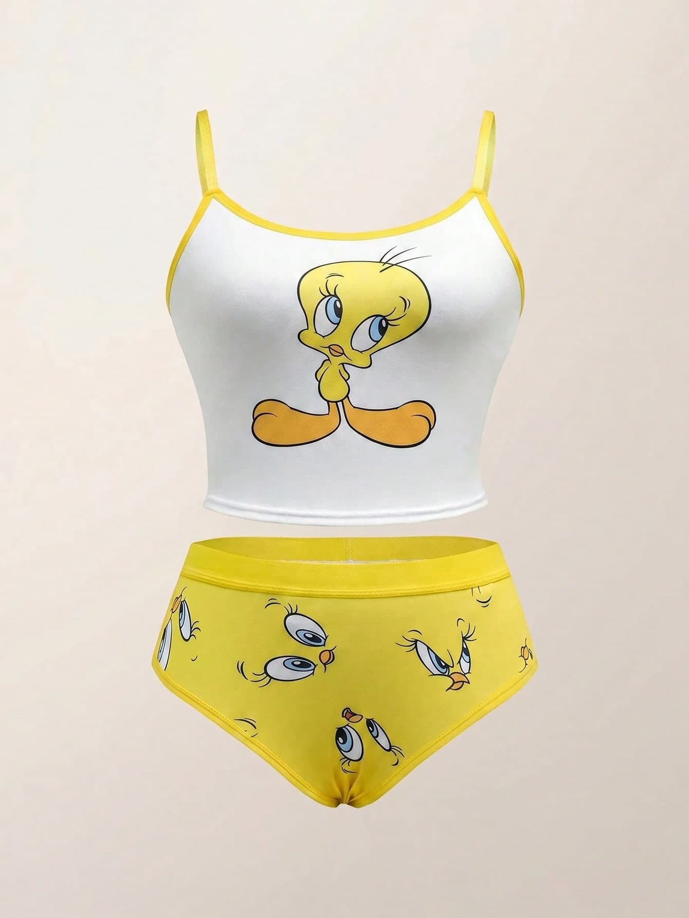 LOONEY TUNES X SHEIN 2pcs Women's Yellow & White Cartoon Tweety Print Cami Top And Boyshorts Set,Women Two Pieces Outfits,Kawaii,Sweet,Cute