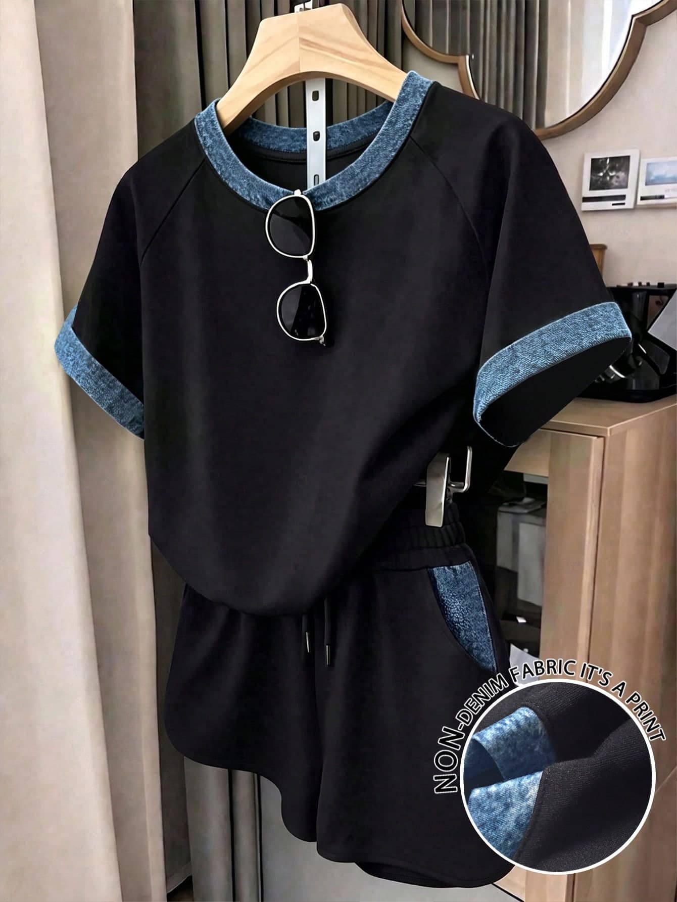 Resyla Women's Casual Fashion Daily Commute Versatile Denim Print Trim Short Sleeve T-Shirt And Shorts Set, Summer