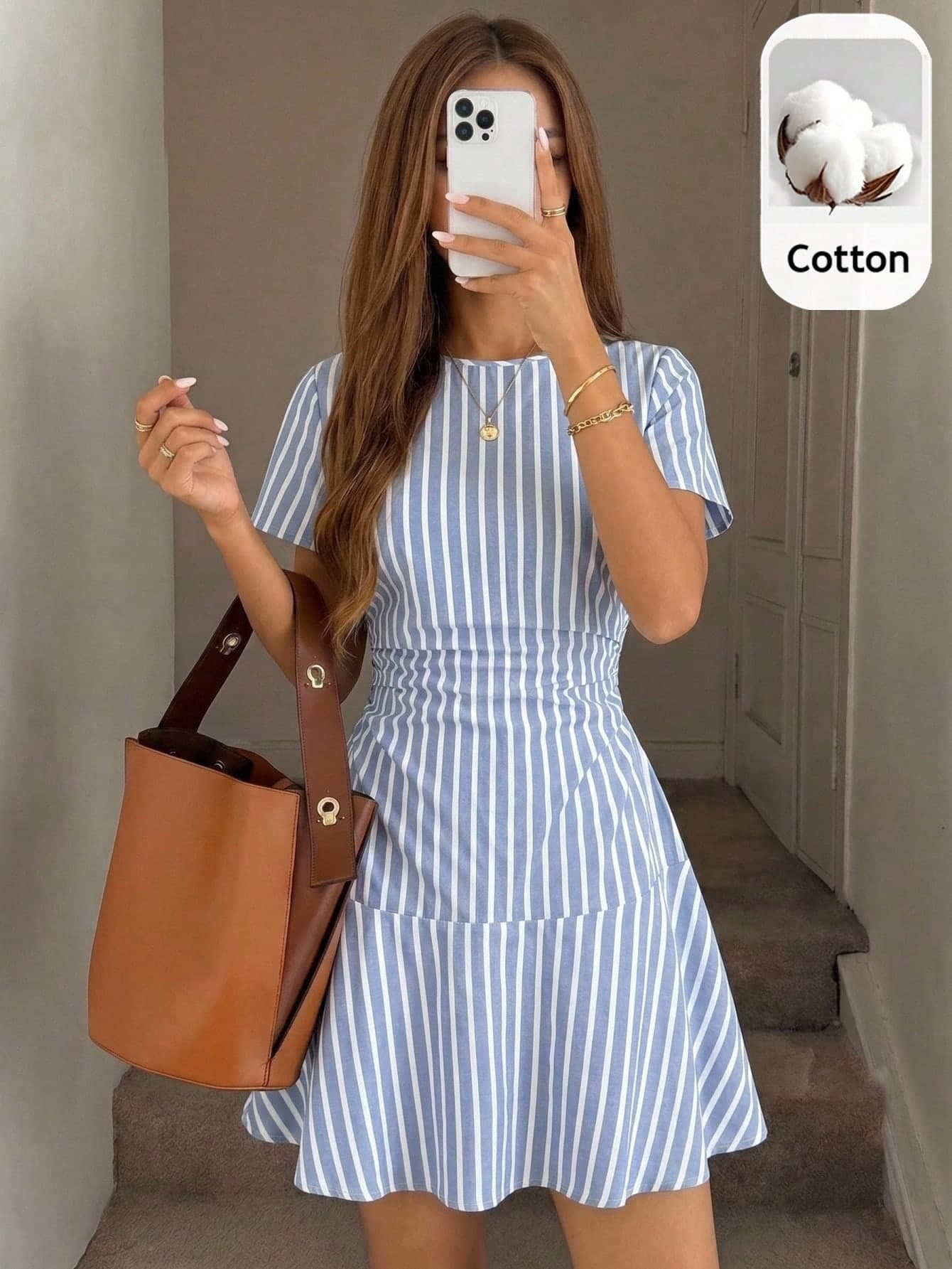 SHEIN Kids Teen Girls Dresses Summer Vacation Blue And White Striped Round Neck Elegant And Refreshing Girlish Waist-Cinching Mini Dress, Summer Dress