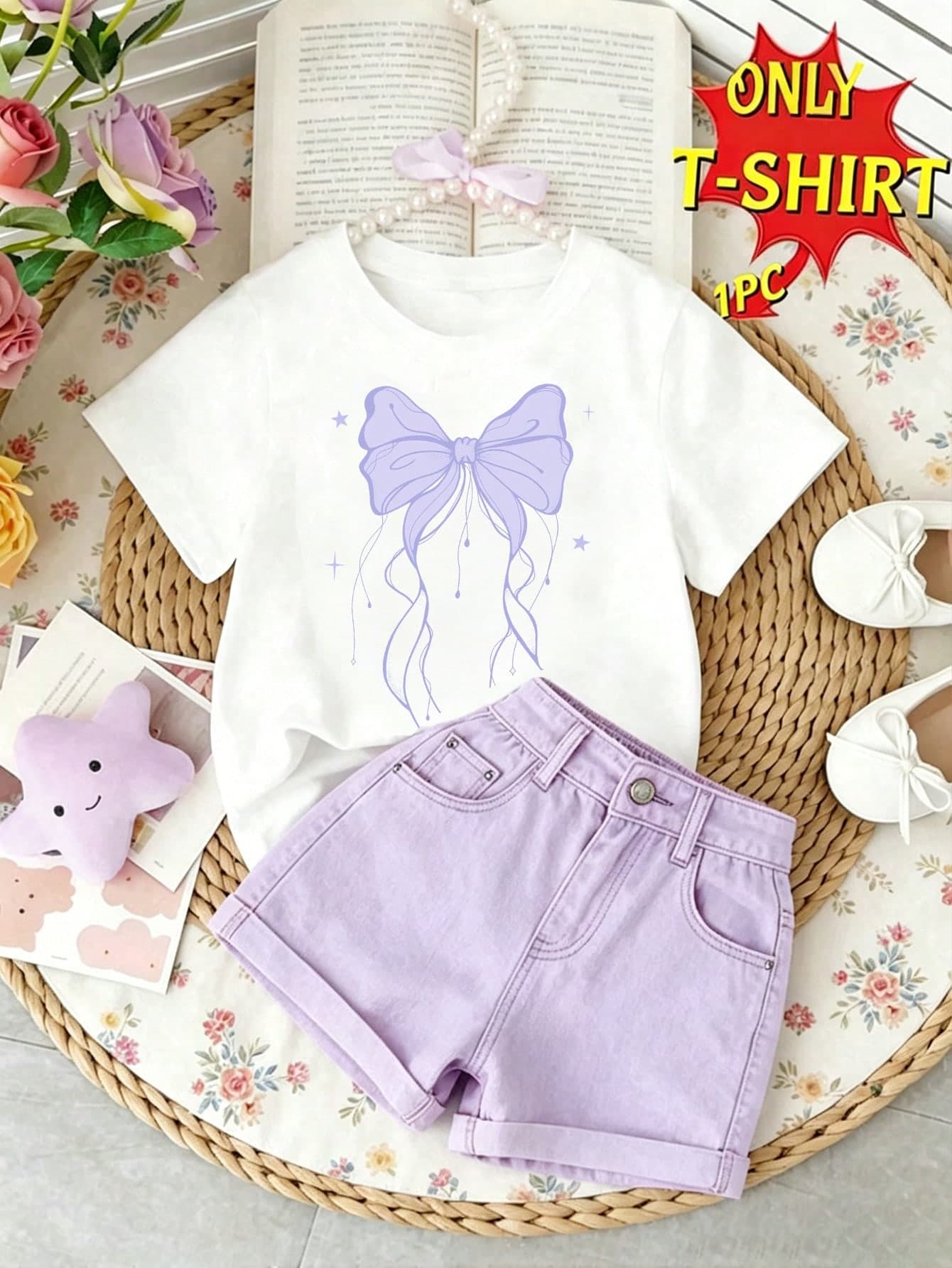 Elladie kids Spring Summer Autumn Girls Toddler Refreshing Cute Purple Ribbon Bow Five-Pointed Star Pattern Print Casual Basic Short T-Shirt Comfortable Daily Wear