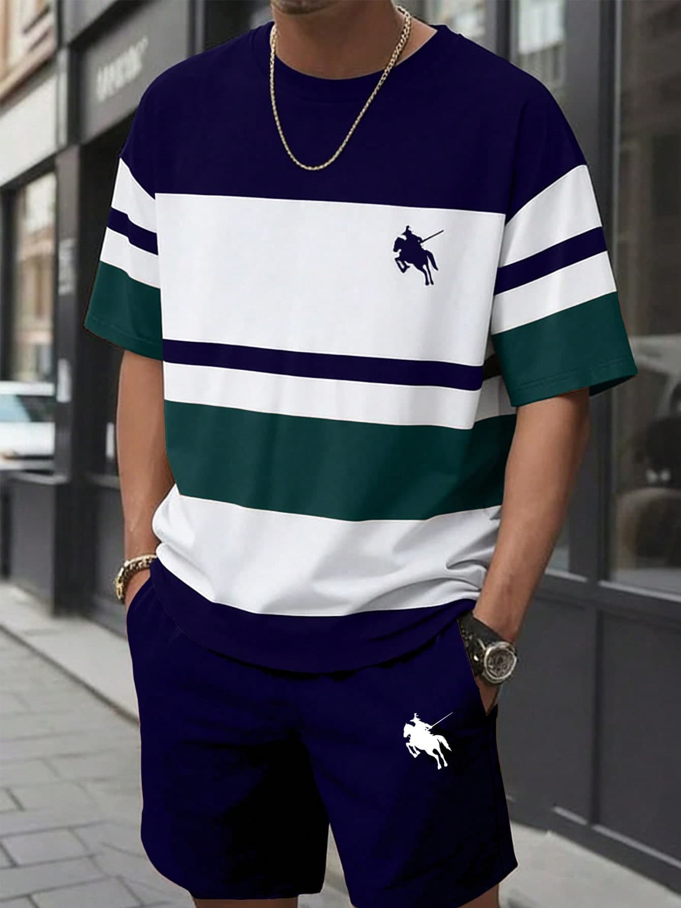 SHEIN Teen Boys Summer Cool Fashionable Casual Outdoor Pullover Round Neck Short Sleeve Striped Print T-Shirt With Simple Sports Jogger Shorts 2pcs Set, New Summer Style, Suitable For Multiple Seasons