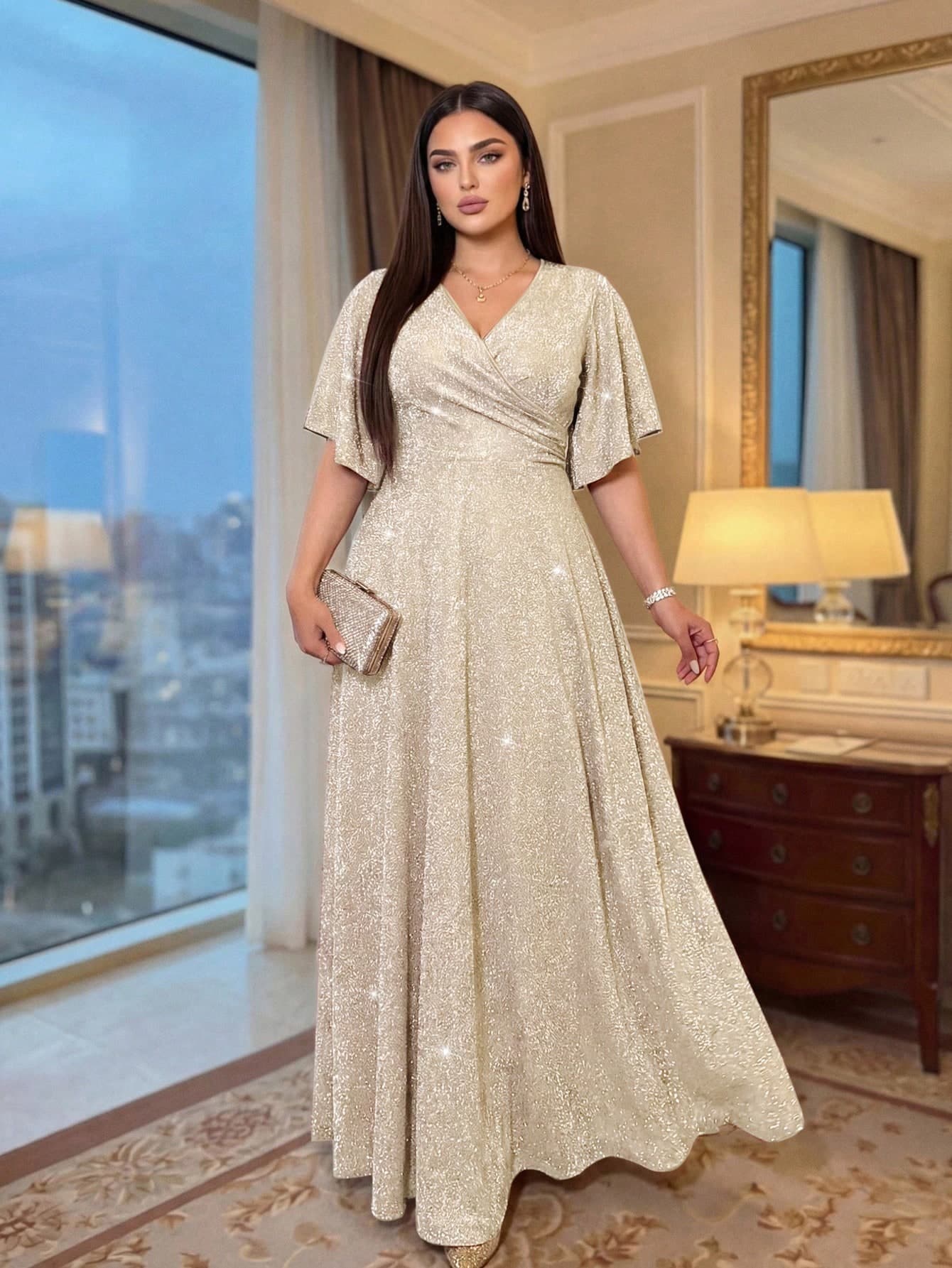Auveirra Elegant Apricot Plus Size Women's Formal Shimmer V Neck Maxi Dress With Flutter Sleeves For Evening Party And Wedding Guest Attire Summer