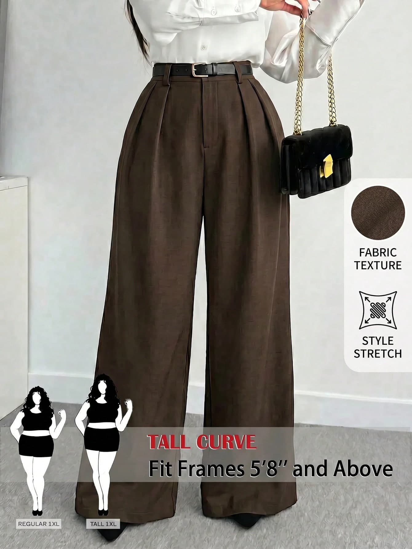 SHEIN Tall CURVE CURVE Plus Size Women's Chocolate Brown Wide Leg Pants,Elegant Formal High-Waisted Pleated Trousers For Autumn,Old Money Style Tall Girls Office Pants