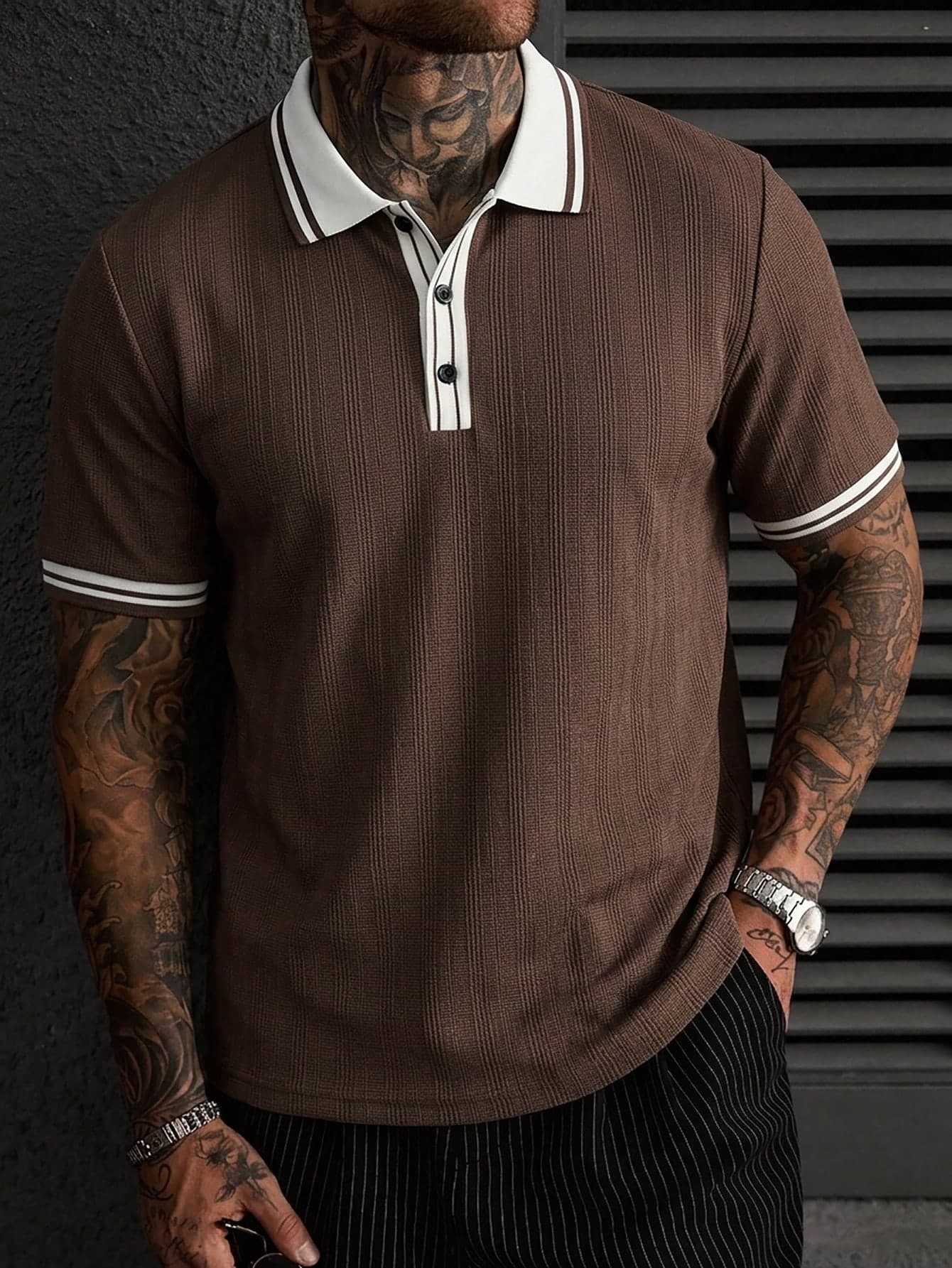 Manfinity CasualCool Men's White And Brown Geometric Jacquard Knit Polo Shirt,Summer Smart Casual Golf Polos,Short-Sleeve Textured Khaki Casual Button Placket Polo Shirts