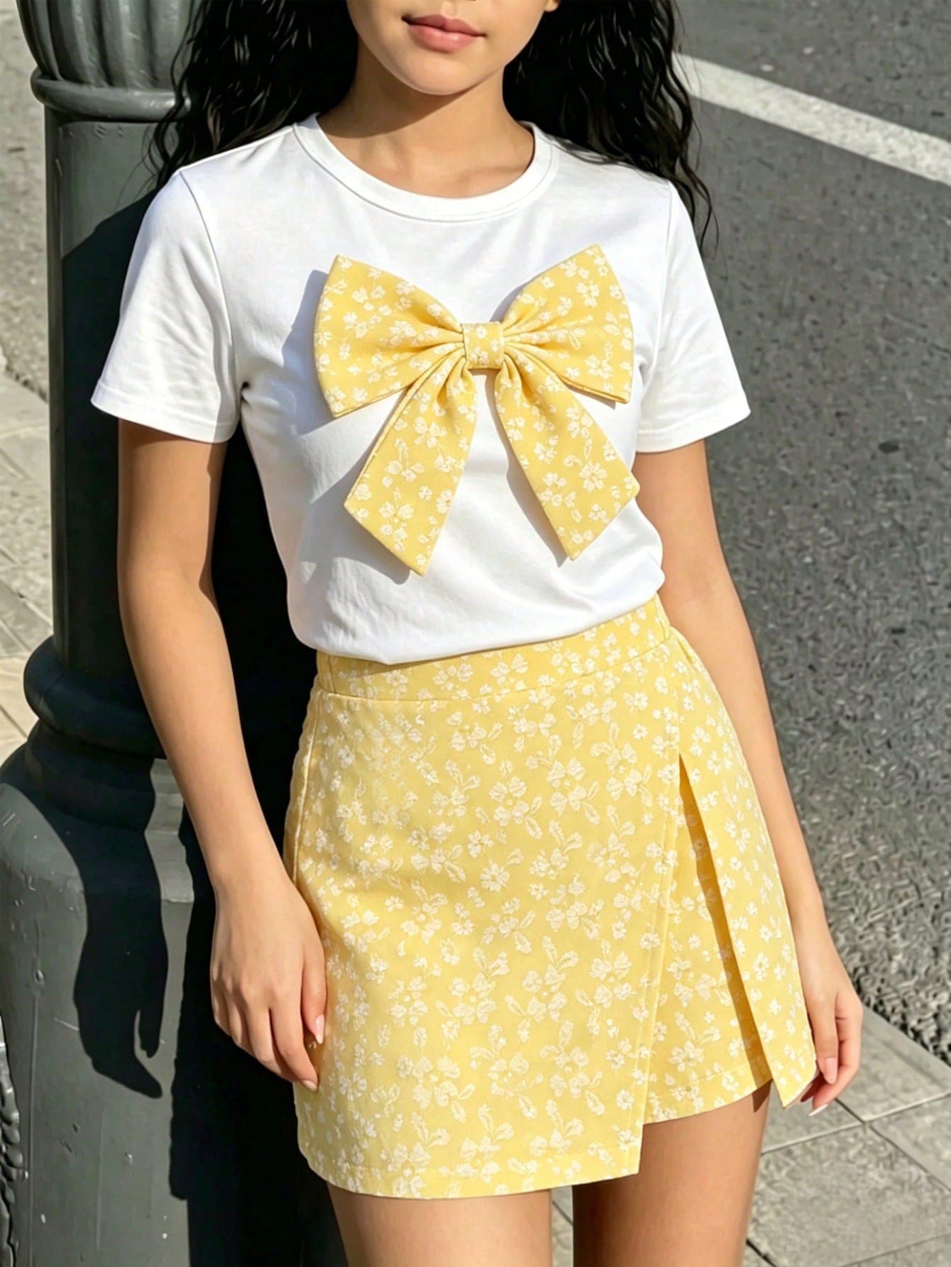 SHEIN 2pcs Young Girls Short Sleeve T-Shirt & Top Set, Summer Outfit, Vacation Style, Fashionable Basic, Sweet & Cool Girl Style, Woven Jacquard