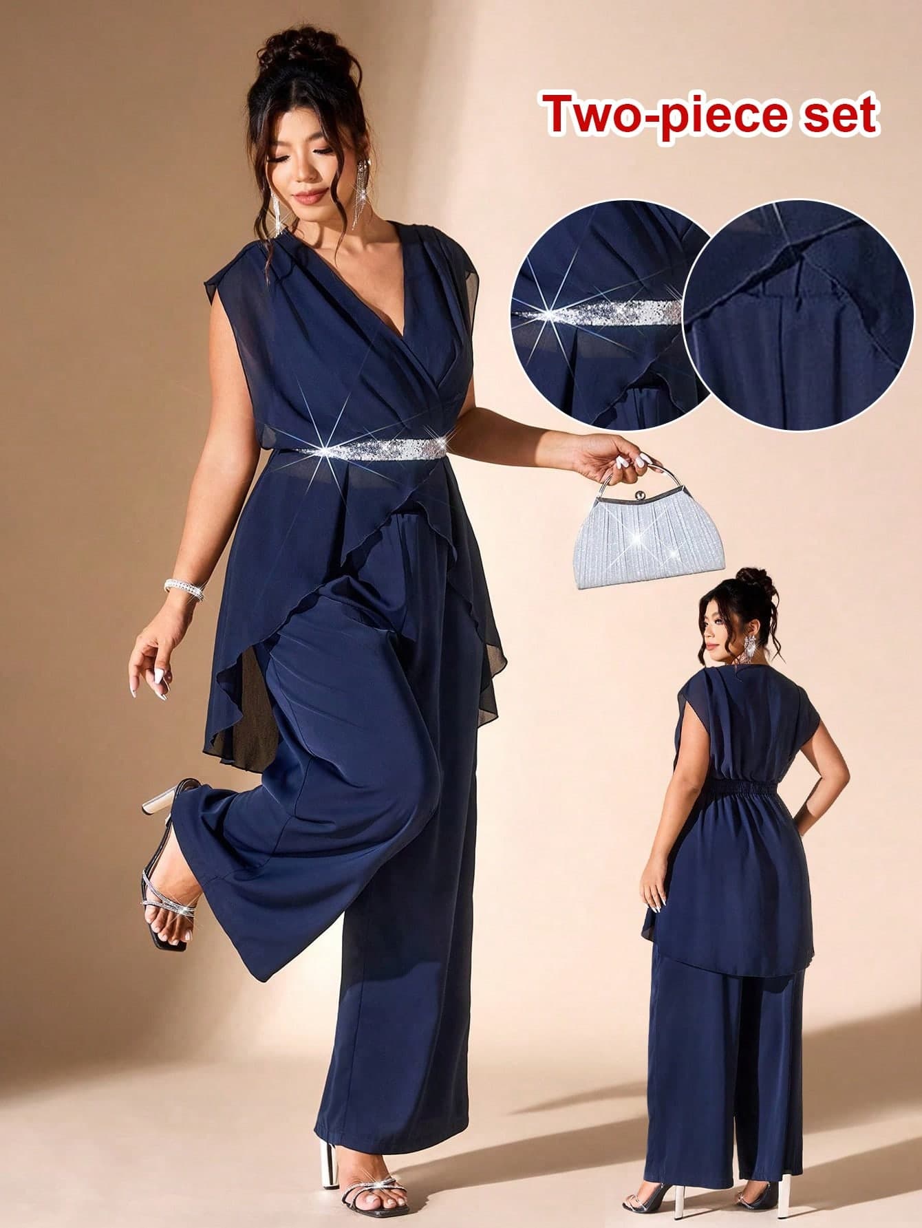 Cravure Women Plus Size Navy Blue Elegant Summer Wedding Evening Formal Guest 2-Piece Outfit,V-Neck Sleeveless Chiffon Waist Cinched Blouse And Pants Set