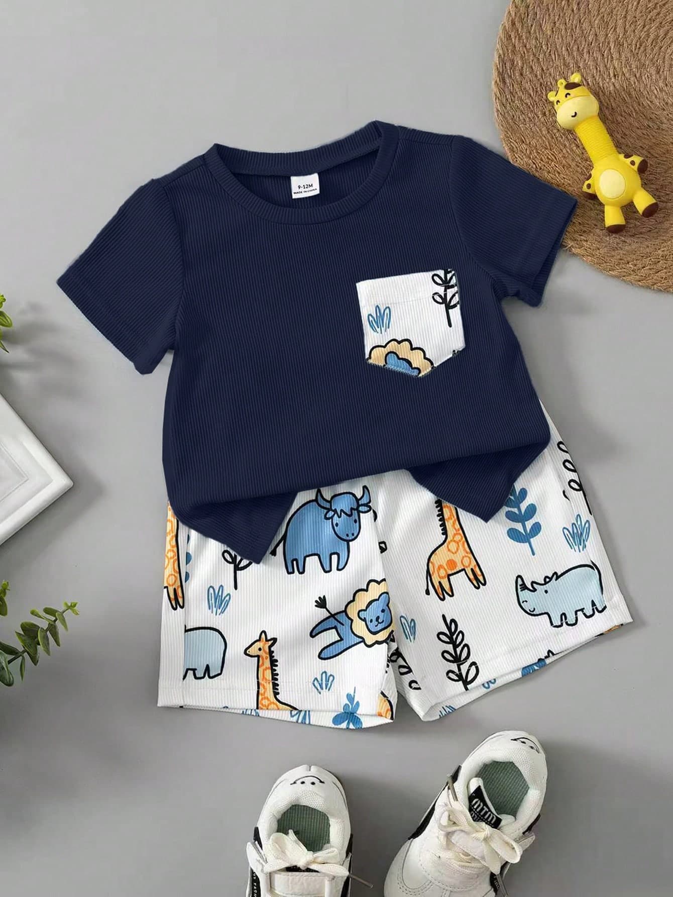SHEIN Playful Pals 2pcs Baby Boy Outfit Set Cartoon Bear Decorated Collar Short Sleeve Cardigan & Deer Print Shorts Shirt & Ribbed Material Clothing Summer