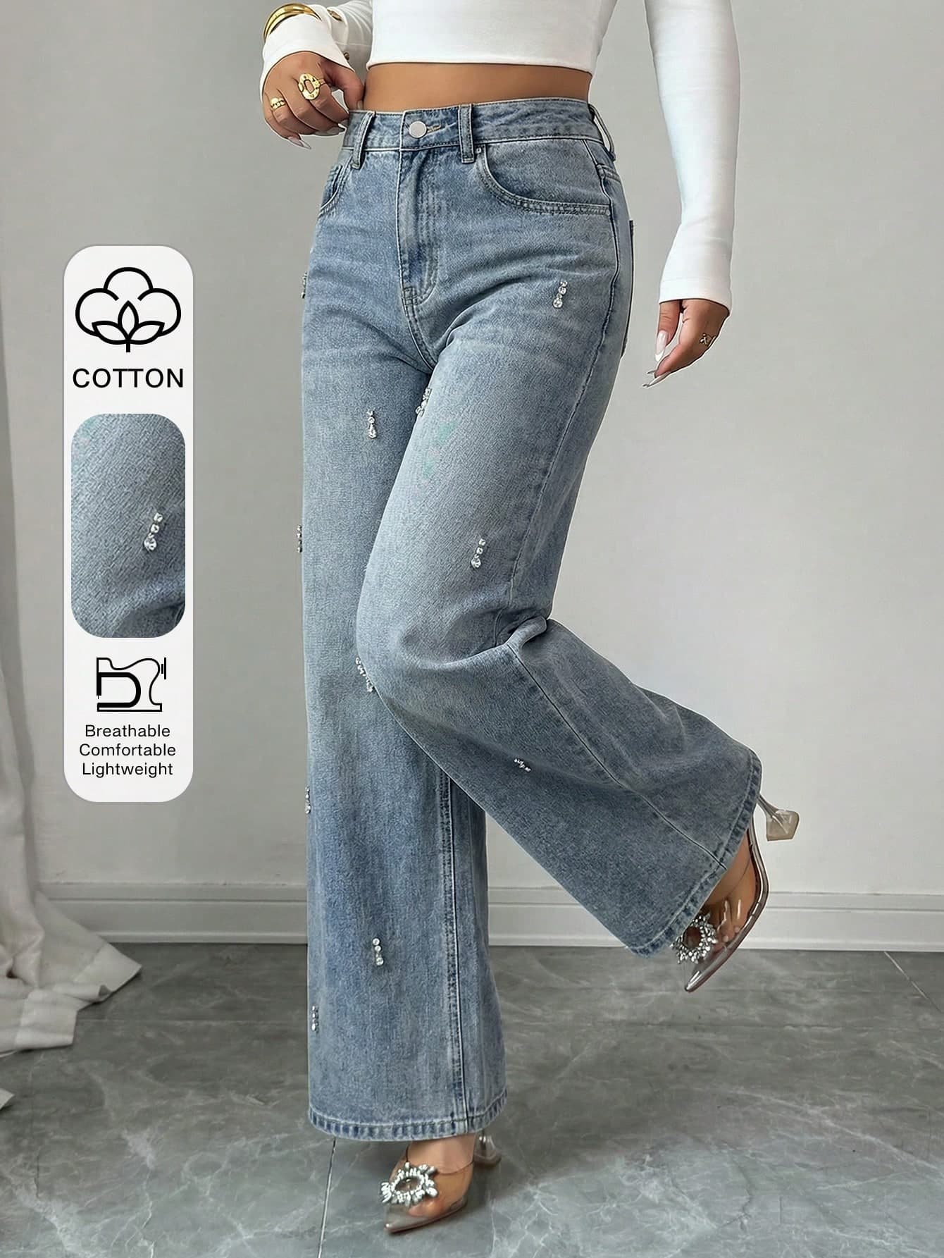 DAZY Women's Casual Washed Rhinestone Embellished Wide Leg Jeans, Autumn
