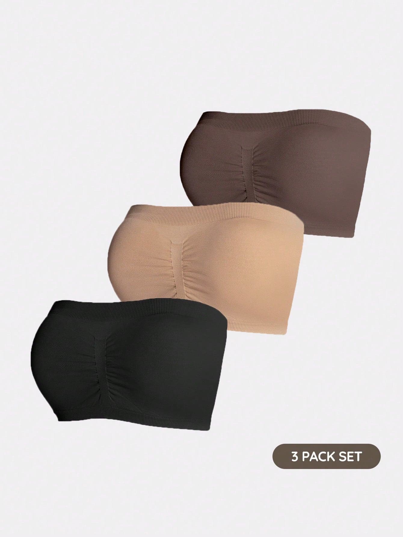 SHAPORA 2026 Hot Selling Women's Fashionable & Comfortable Minimalist Solid Color High Quality Seamless Plus Size Tube Top Bra 3-Piece Set