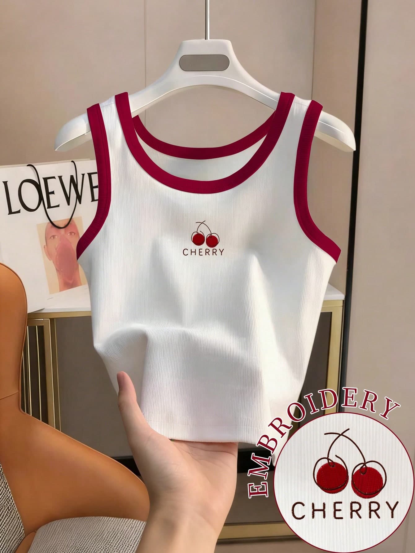 Resyla Women's Round Neck Slim Fit Sleeveless Tank Top Cherry Embroidery Print Sweet Casual