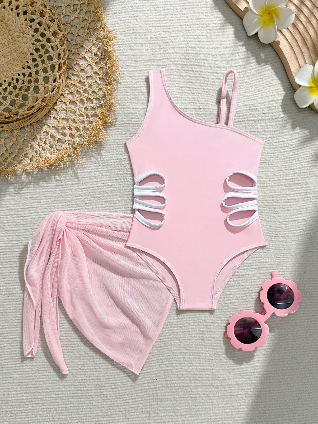 Souflis Souflis Baby Girls Light Pink One Shoulder One-Piece Swimsuit,Holiday Knitted Side Hollow Beachwear 2pcs Set With Matching Skirt,Exquisite Summer Vacation