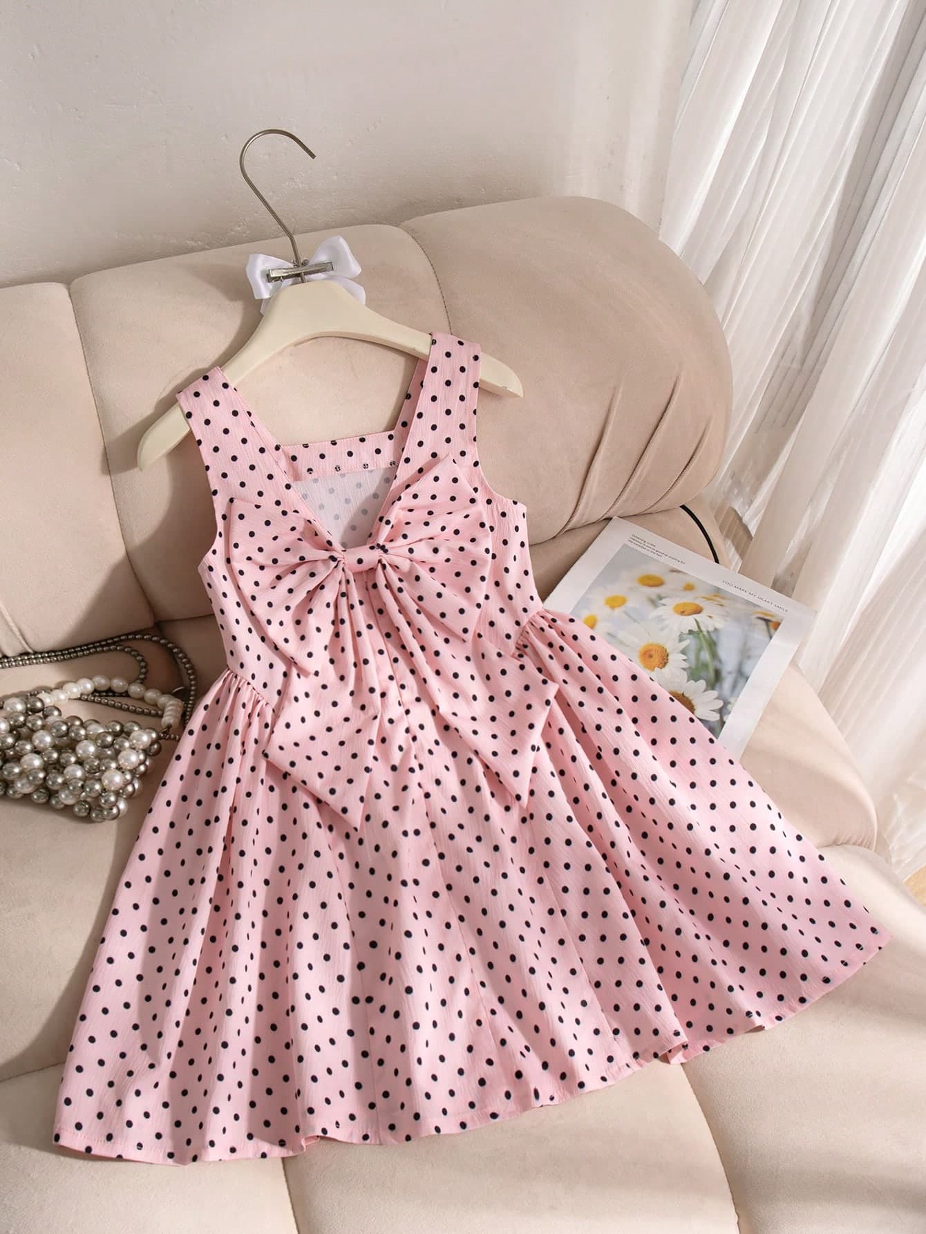 SHEIN Elladie kids 1pc Young Girls Summer New Off-Shoulder Sleeveless Tank Top Polka Dot Print Back V-Neck Design Hidden Zipper Detachable Large Bow Hem Gathered Sides Simple Versatile Beach Vacation Dress