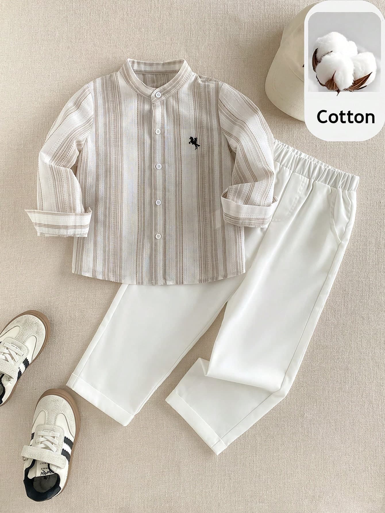 PrepCrw 2pcs Kids Boys Striped Mandarin Collar Long Sleeve Shirt And White Pants Set,Back-To-School Summer Family Matching Casual School Sports Outfits