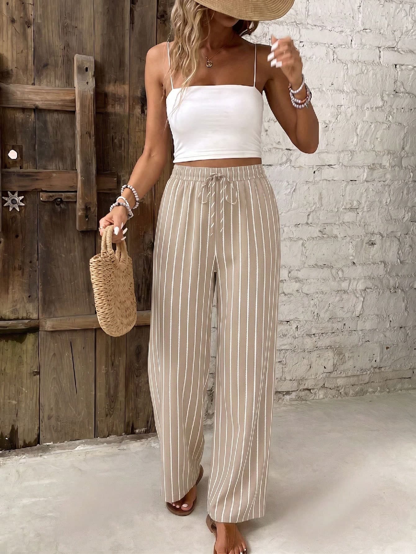 SHEIN Frenchy Women's Waist Tie Striped Straight Leg Casual Long Pants