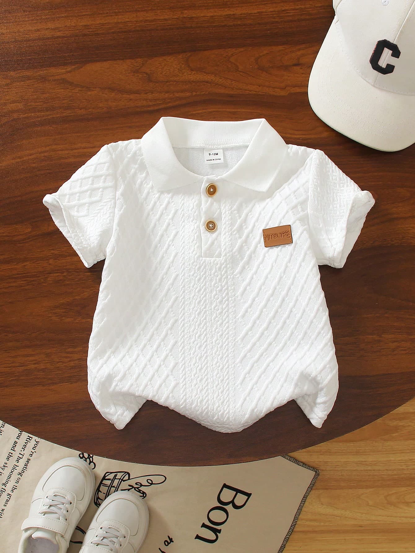Souflis Souflis Baby Boy Cream White Polo Shirt, Black Trim On Collar And Cuffs Adds Detail, Diamond Texture On Surface Enhances Quality, Creative "Leather Patch" Design On Left Chest, Suitable For Business Casual, Daily Commute, Semi-Formal Social Events, School
