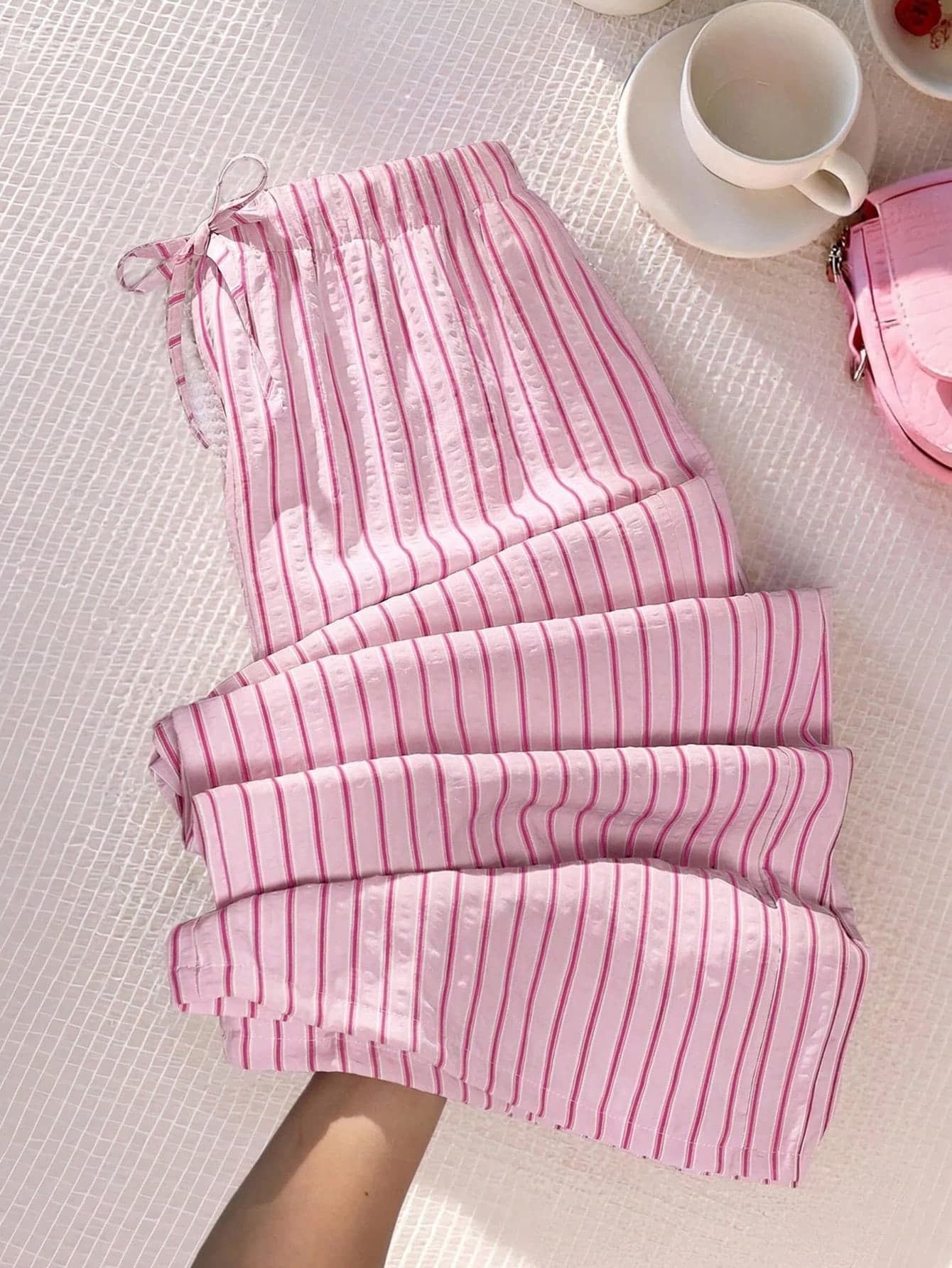 SHEIN Sparklyn Teen Girls Casual Striped Straight Leg Pants, Suitable For Summer, Vacation And Daily Wear, Summer Vacation Clothing, Spring Girls Clothing, Girls Beach Clothing, Casual Girls Clothing, Pink Striped Long Pants