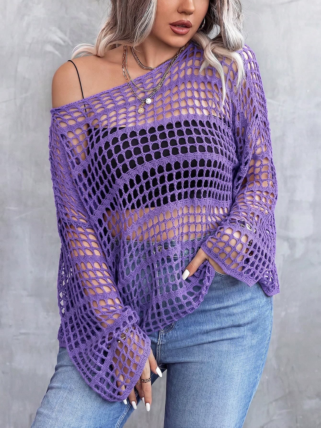 Elenzga Plus Size Women's Spring/Autumn Outerwear Off-Shoulder Loose Casual Knit Top Hollow Out Sexy Flare Sleeve Semi-Sheer Black Pullover Sweater Fall