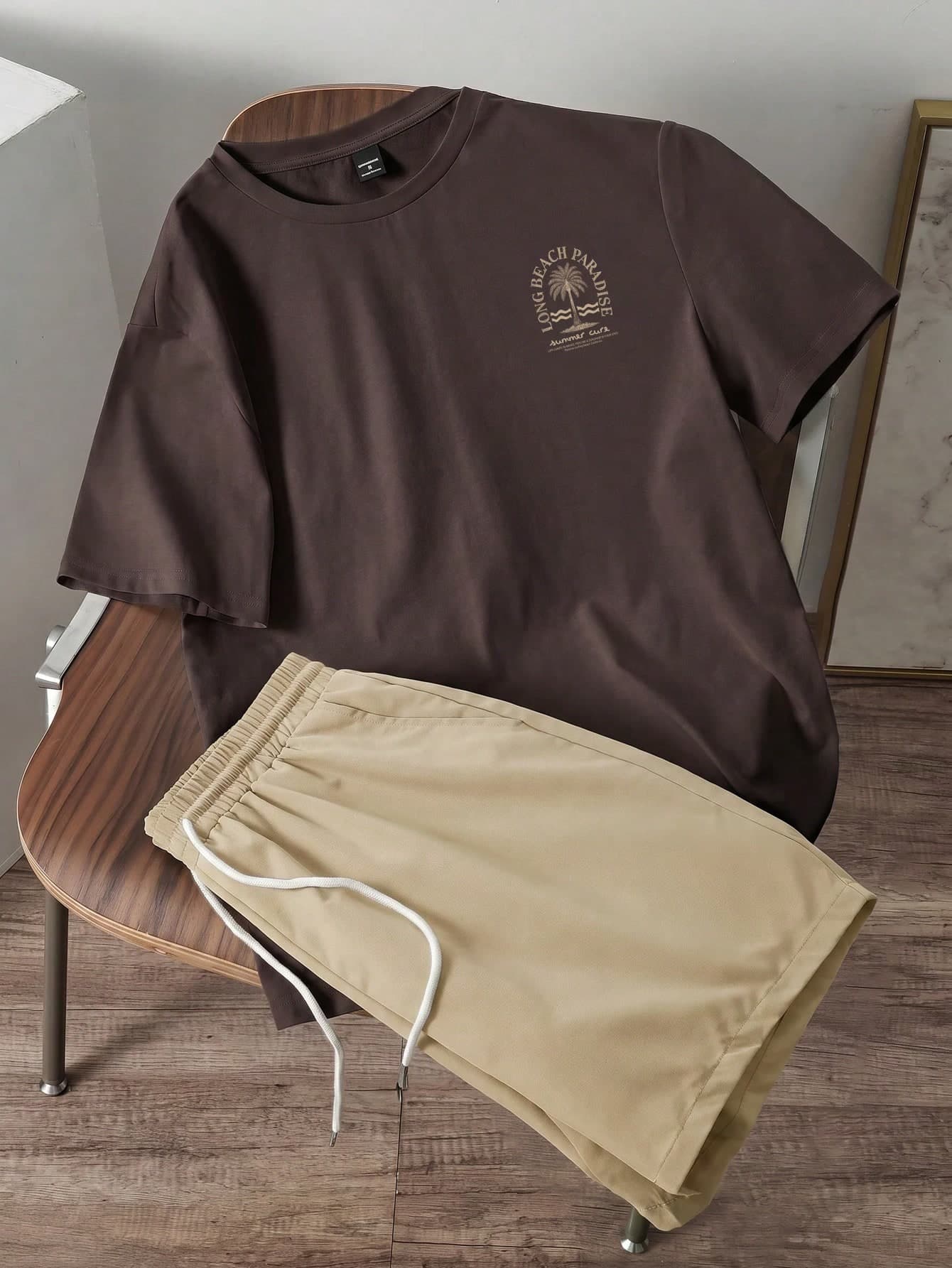 Manfinity Joysei Men's Fitted Brown Knit Top And Khaki Woven Shorts Set