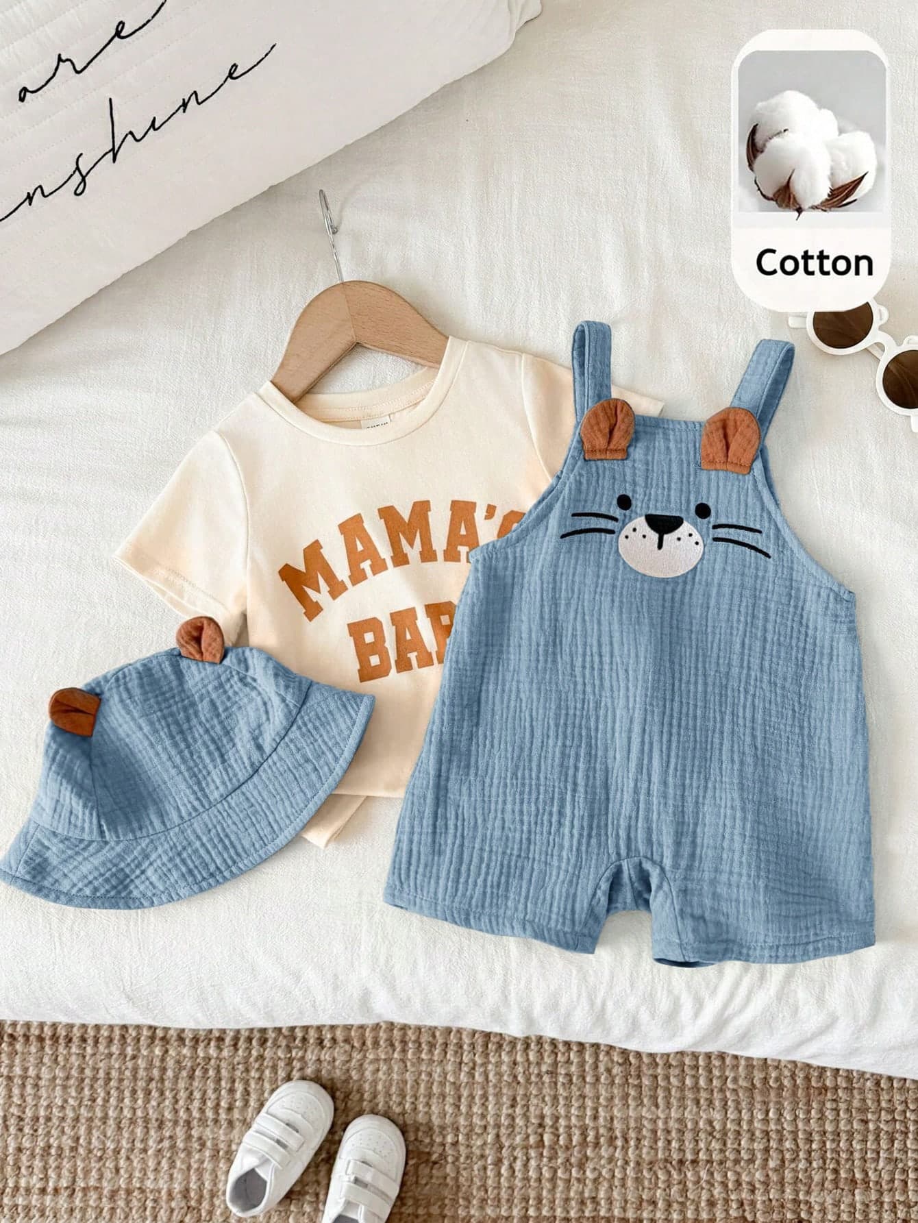 SHEIN Unisex Newborn Baby Boy/Girl 100% Cotton 2pcs Spring/Summer Cute Little Lion Design Crinkle Fabric 3D Shorts Suspenders And Hat Set, Baby Rompers, Baby Summer Outfit, Baby Summer Clothes