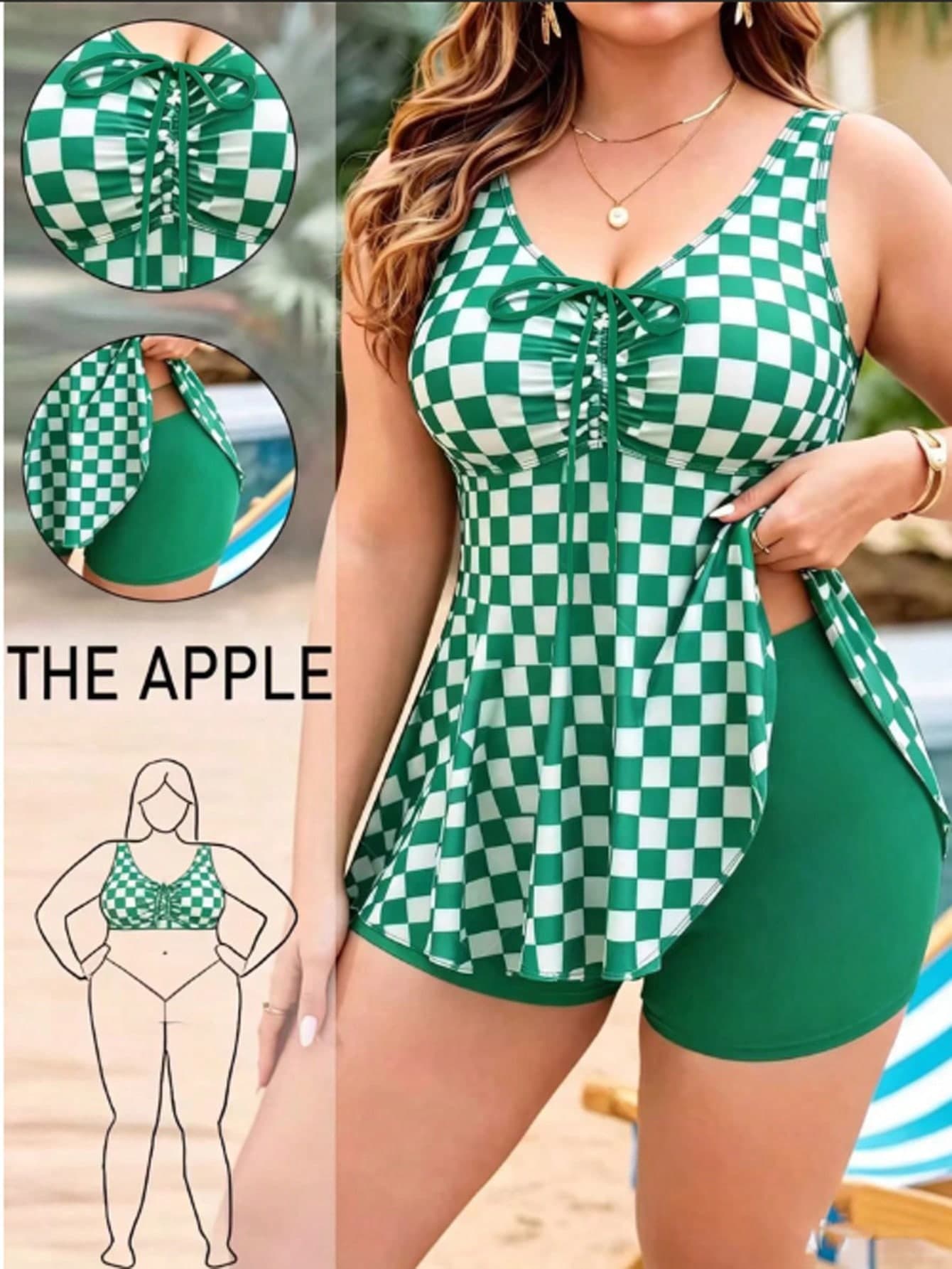 Swim Lushoire Plus Size Women 2pcs Random Print Tank Top Bottom Set, Front Drawstring Tummy Control Slimming Minimalist Vacation Beach Swimwear Summer