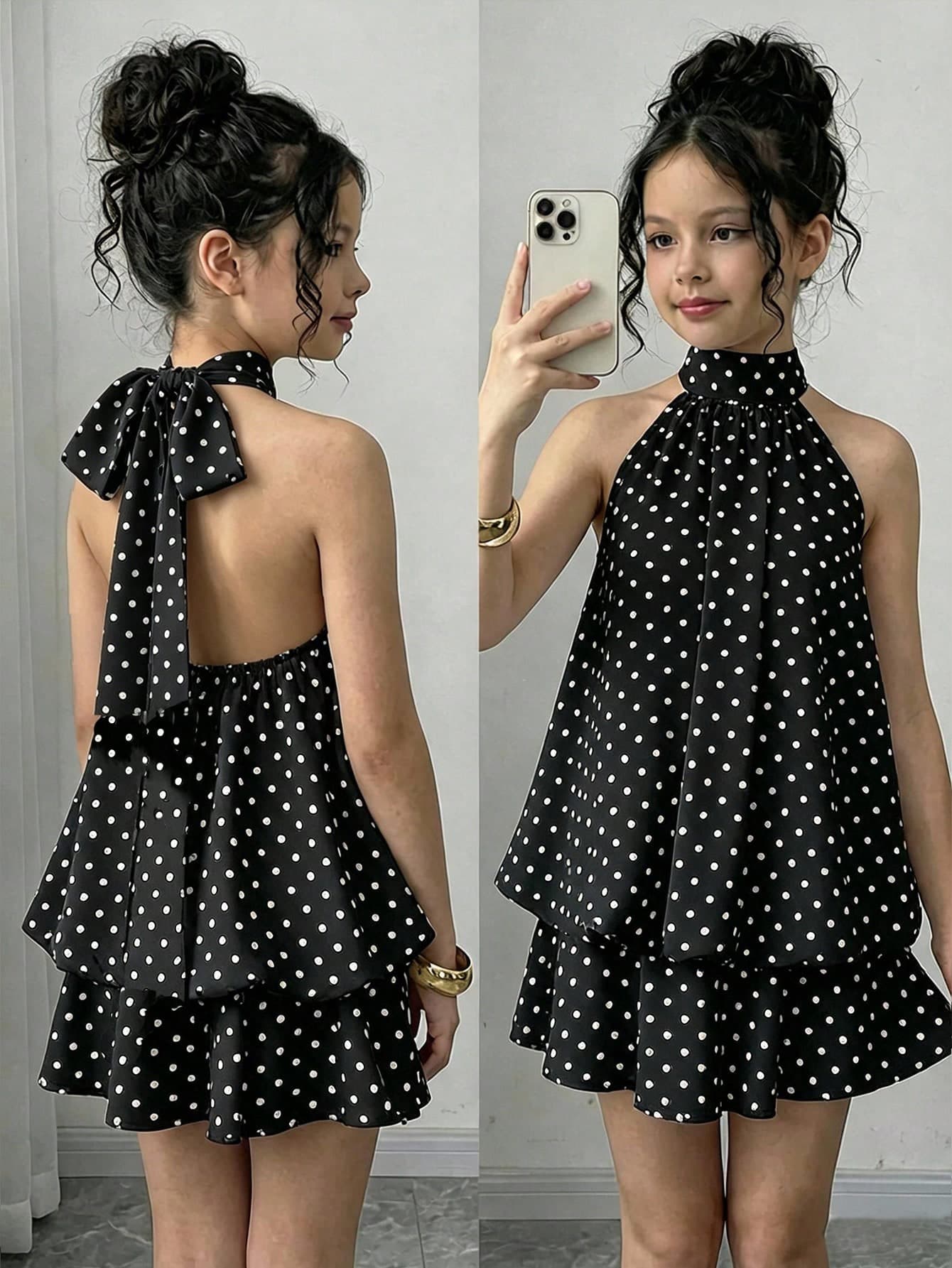 Firerie Kids Tween Girls Black And White Polka Dot Halter Dress,Summer Cute Princess Dress For Party,Formal Occasions,Vacations,Matching Sister Outfits