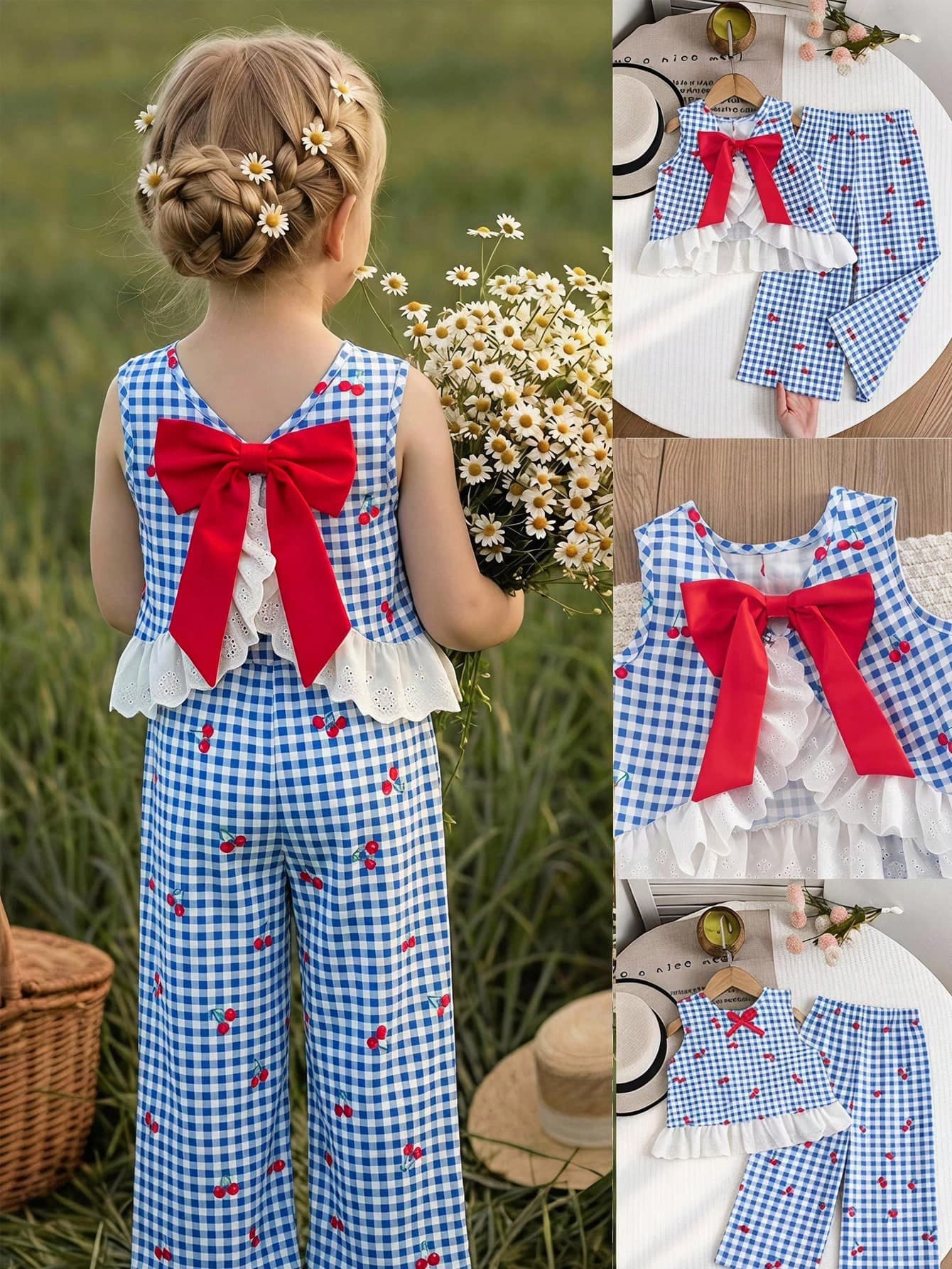 Emery Rose Kids Emery Rose Kids Kids Young Girl Woven Plaid Cherry Pattern Patchwork Contrast Color Ruffle Casual Tank Top And Long Pants 2 Pieces Set