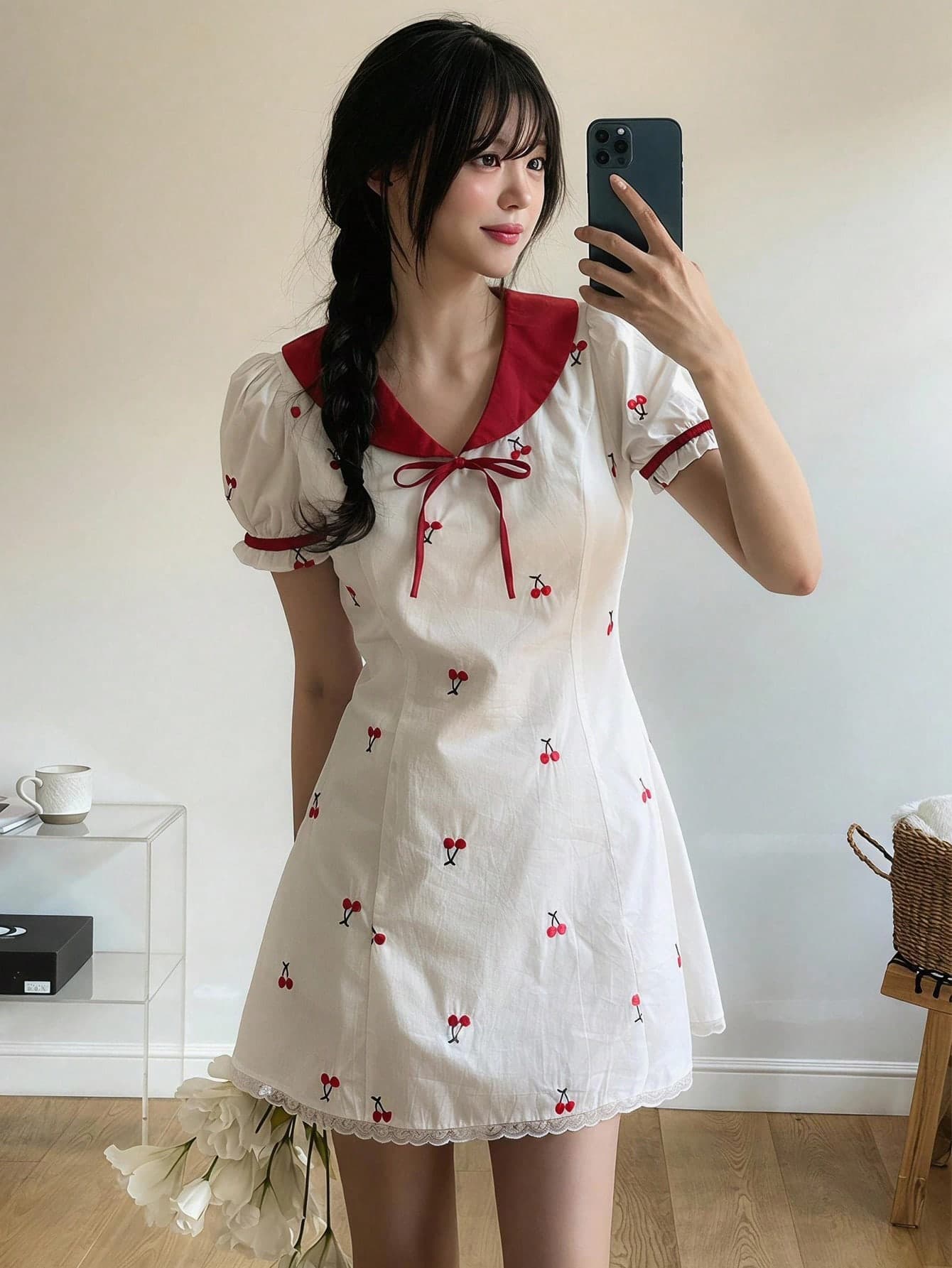 DAZY Women's Petal Sleeve Bow Decor Cherry Print Short Dress Sundress Summer