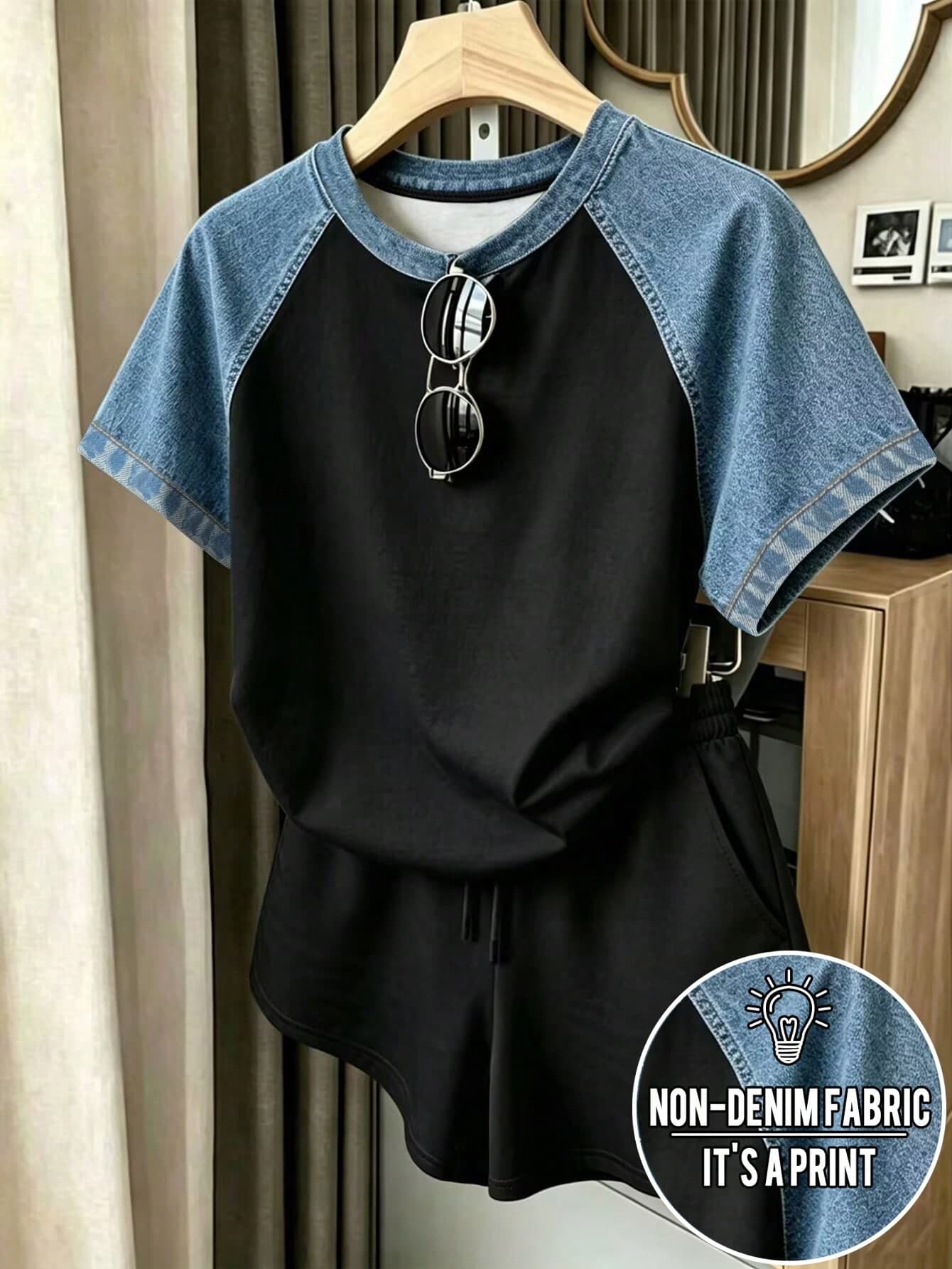 Resyla Women's Denim Effect Print Raglan Sleeve T-Shirt And Shorts Casual 2-Piece Set Travel Black Summer