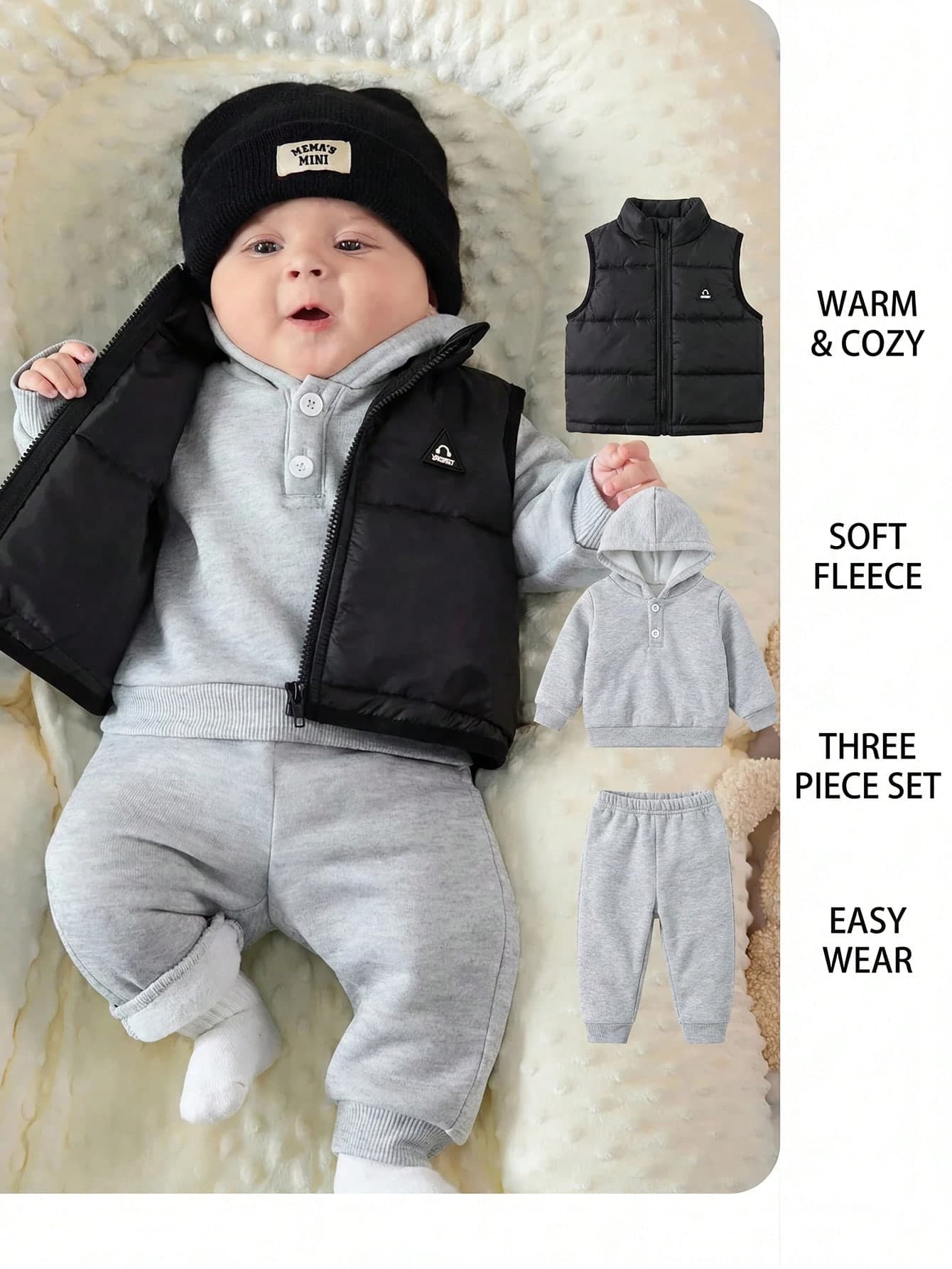 SHEIN Newborn Baby 3pcs Set: Hooded Long Sleeve Pullover Sweatshirt, Winter Pants, Sleeveless Vest