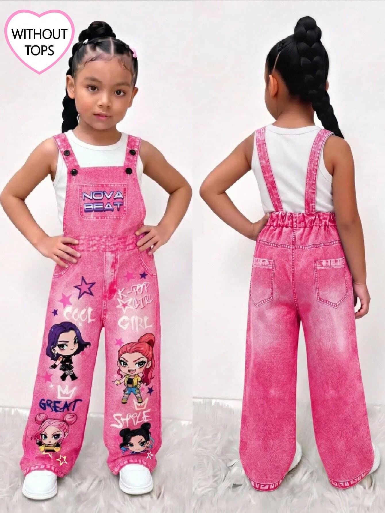 Girls' Woven Chain Street Style Overalls With Fun Letter Print, Fashionable Back-To-School Season Item, Spring, Summer, Autumn Personalized Jumpsuit