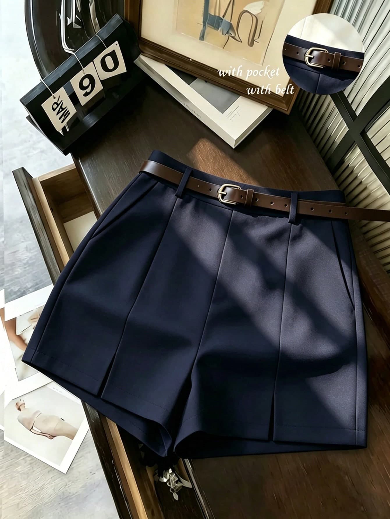 Franclia Women's New Fashion Casual Commuter Versatile Textured Soft Fabric Belted High Waist Shorts With Side Slits, Apricot Color, Spring/Summer