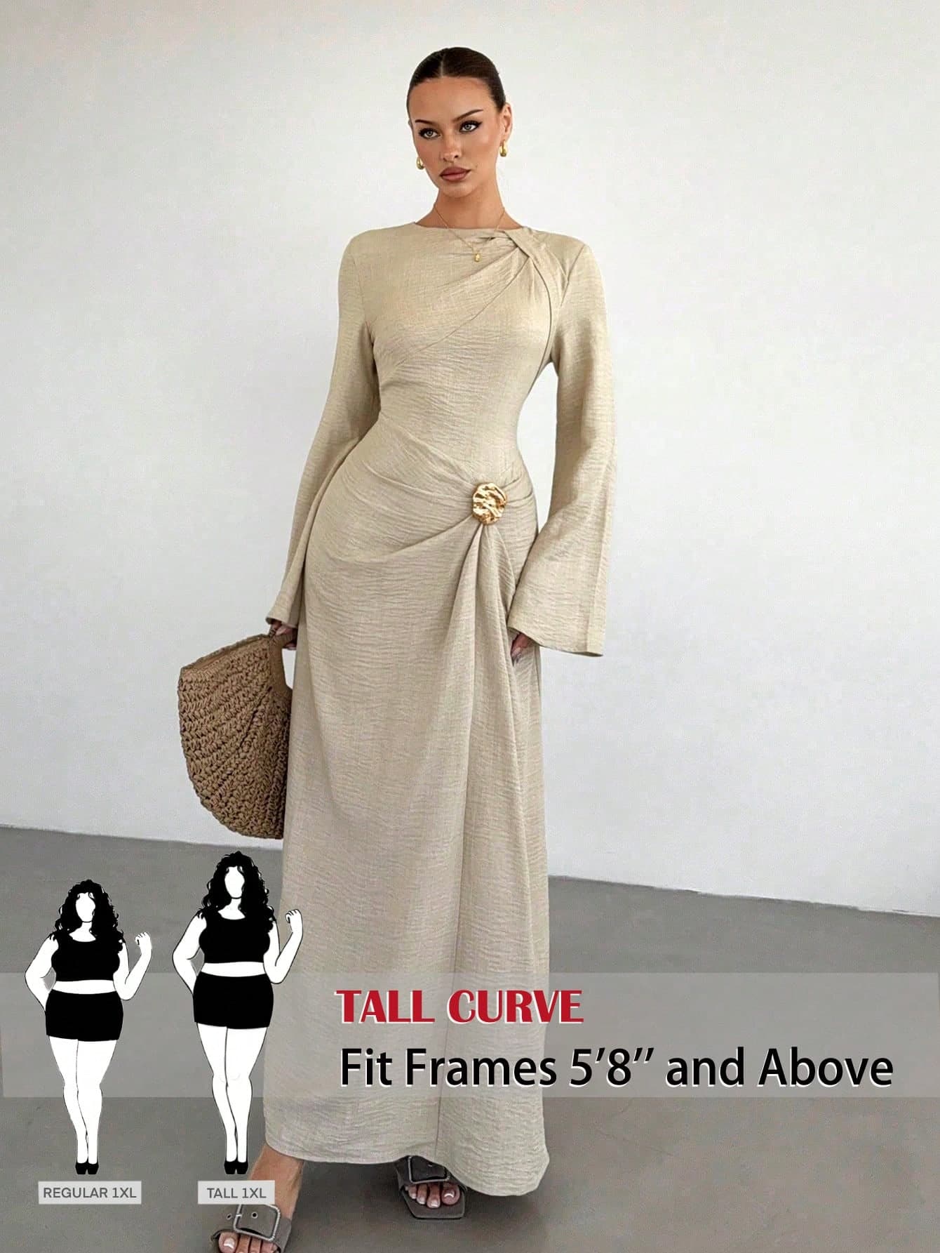 SHEIN Tall CURVE Plus Size Women's Long Sleeve Metallic Floral Decor Elegant Dress Wedding Beige Summer