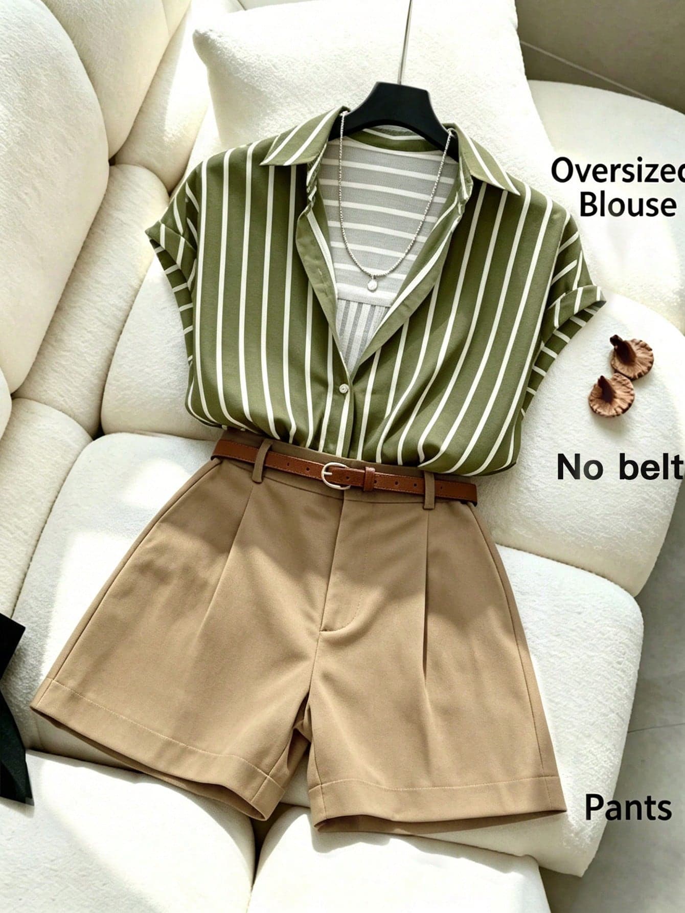 Franclia Women's Striped Single-Breasted Top And Shorts Casual Smart Casual Everyday Set Teachers' Day Brunch Green And White Khaki Summer