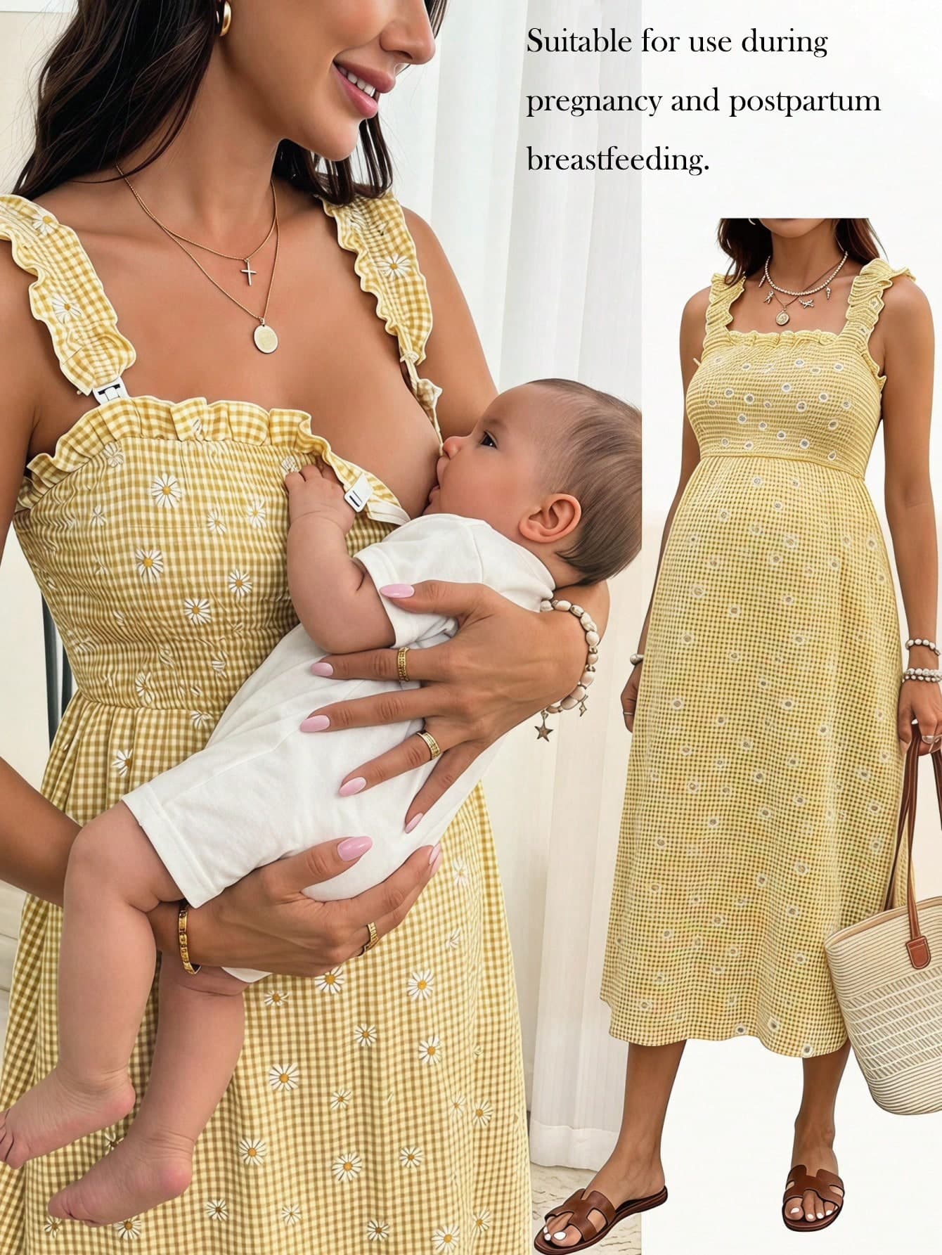 SHEIN Boho Holiday Maternity Nursing Dress For Pregnant Women,Yellow Daisy Floral Gingham Print Smocked Frill Trim Strapless Midi Sundress Summer Outfits