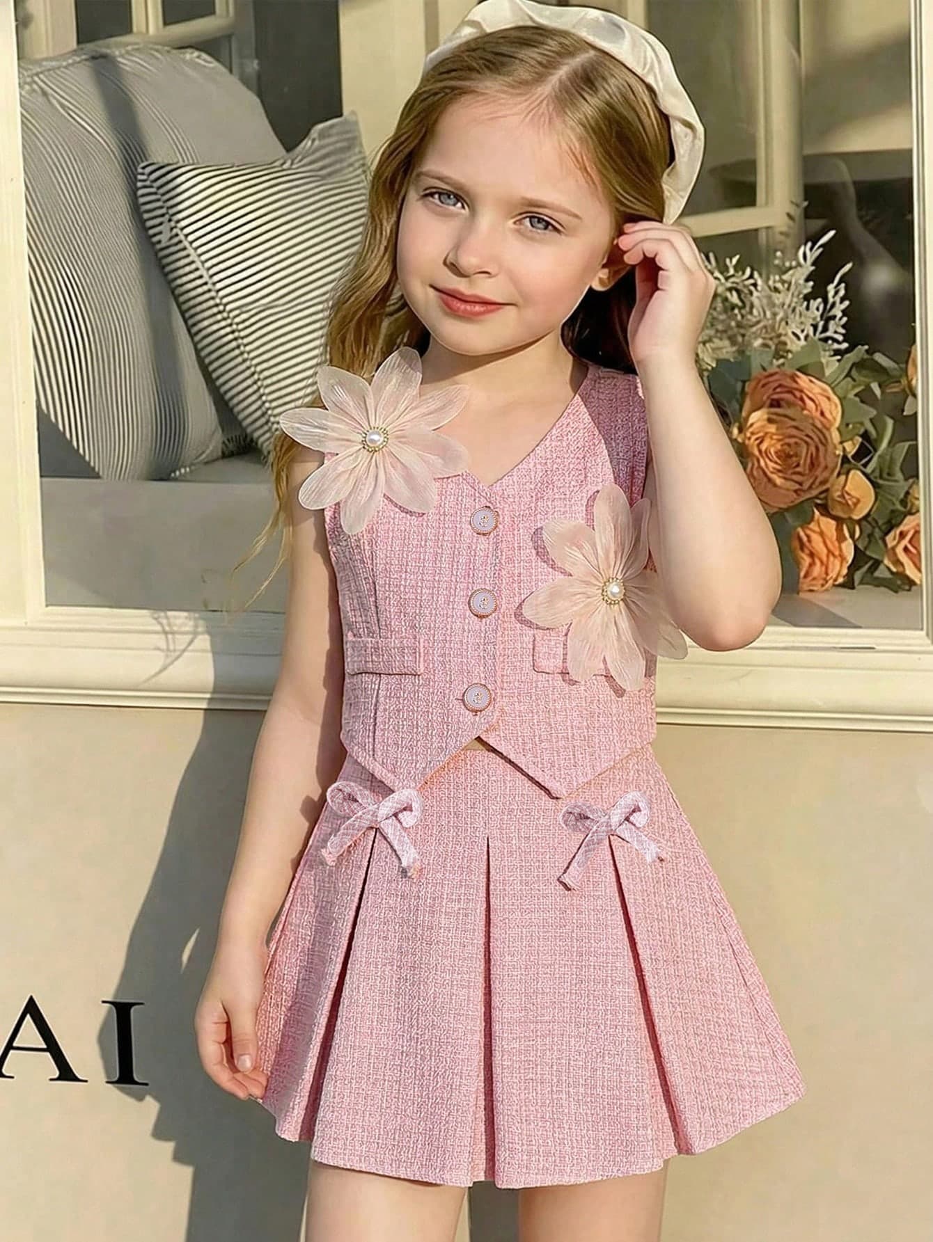 Elladie kids 2pcs/Set Young Girl Vintage Floral Applique Blazer Vest And Mini Skirt,Light Pink Summer 7th Birthday Elegant Retro Kids Clothing Commuting Outfits
