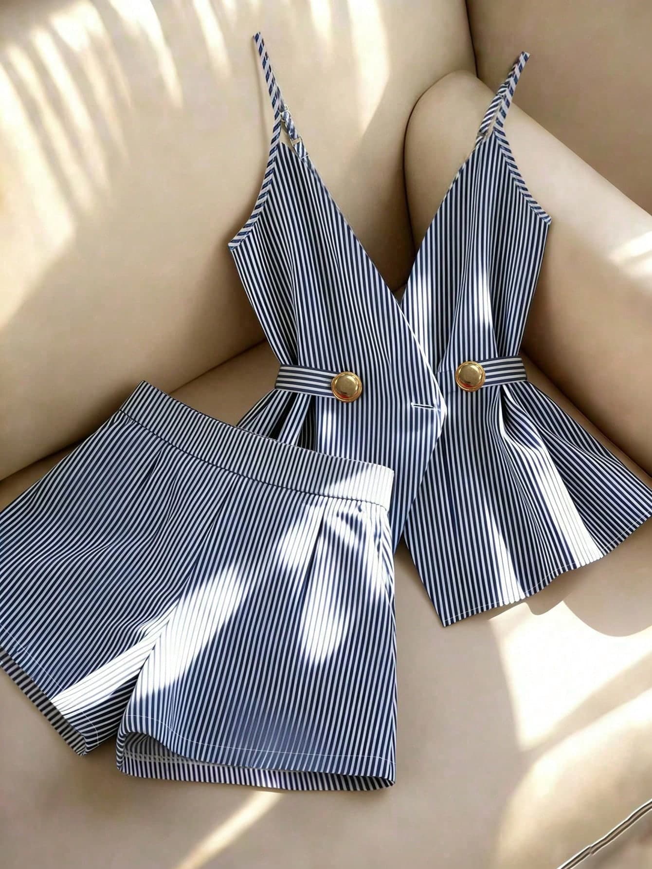 Franclia Women's Elegant Navy Blue And White Striped Two-Piece Set,Summer Vacation Camisole & Wide-Leg Shorts Suit With Metal Buttons For Office Or Business