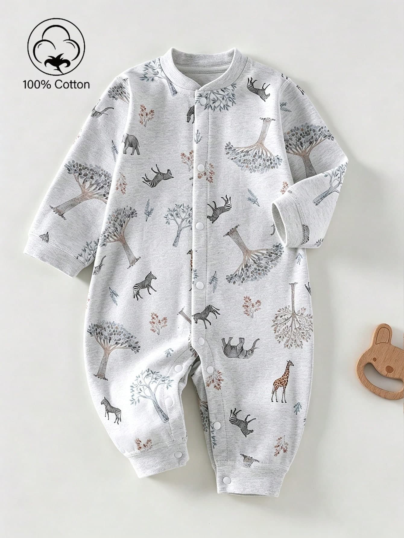 SHEIN Playful Pals Infant One-Piece Romper Newborn Fitted Clothing Colorful Digital Print Long Sleeve All-Season Knit Newborn Jumpsuit