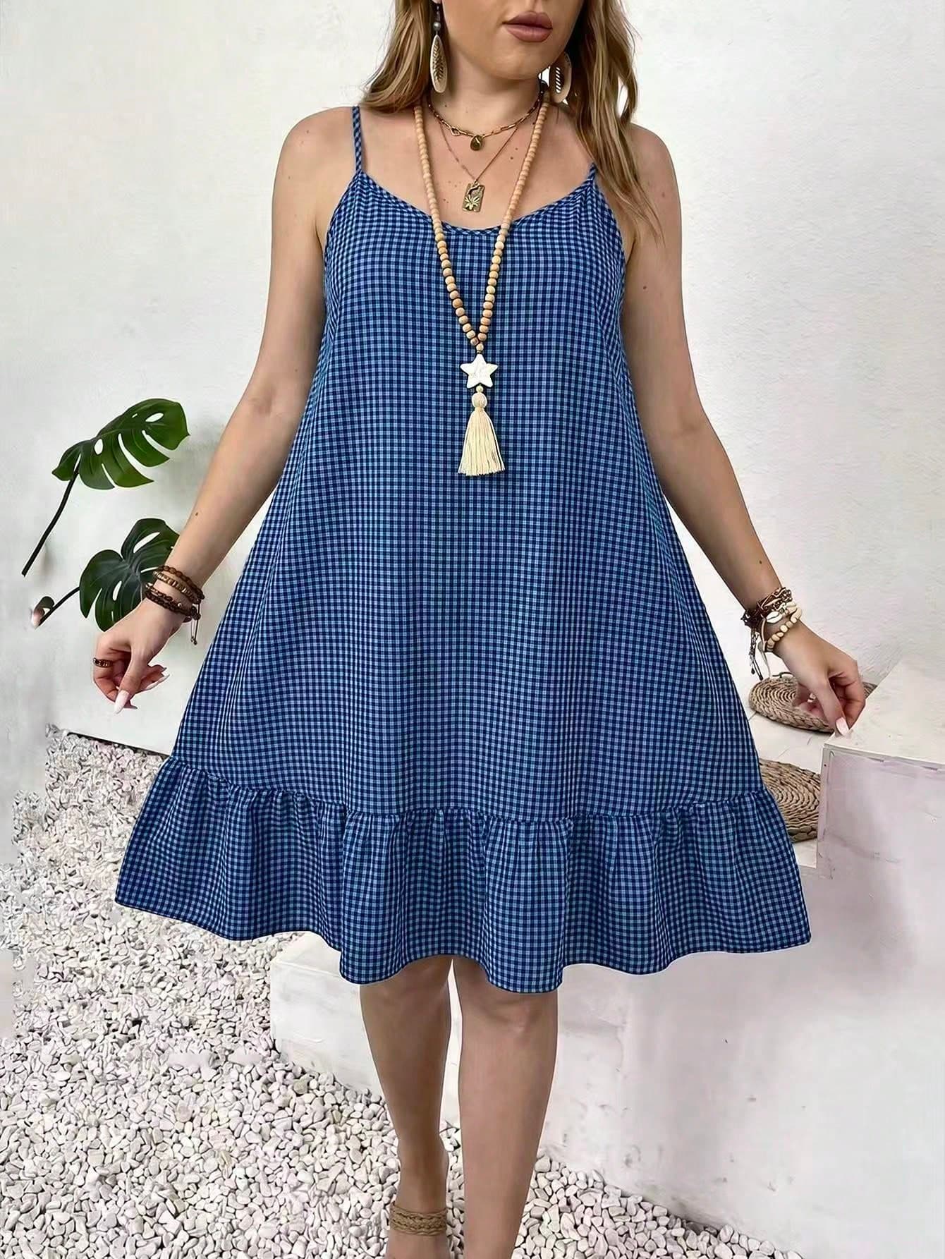 Weeklong Plus Size Women's Plaid Pleated Casual Daily Outing Spaghetti Strap Dress