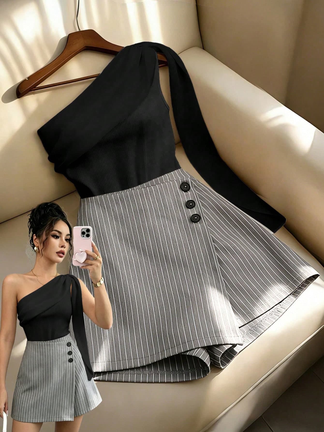 Franclia Elegant Women's 2-Piece Set Black And White Striped Summer Brunch Urban Chiffon Flounce Knit Top T-Shirt&Gray Striped Skort Wide Leg 2 In 1 Pants