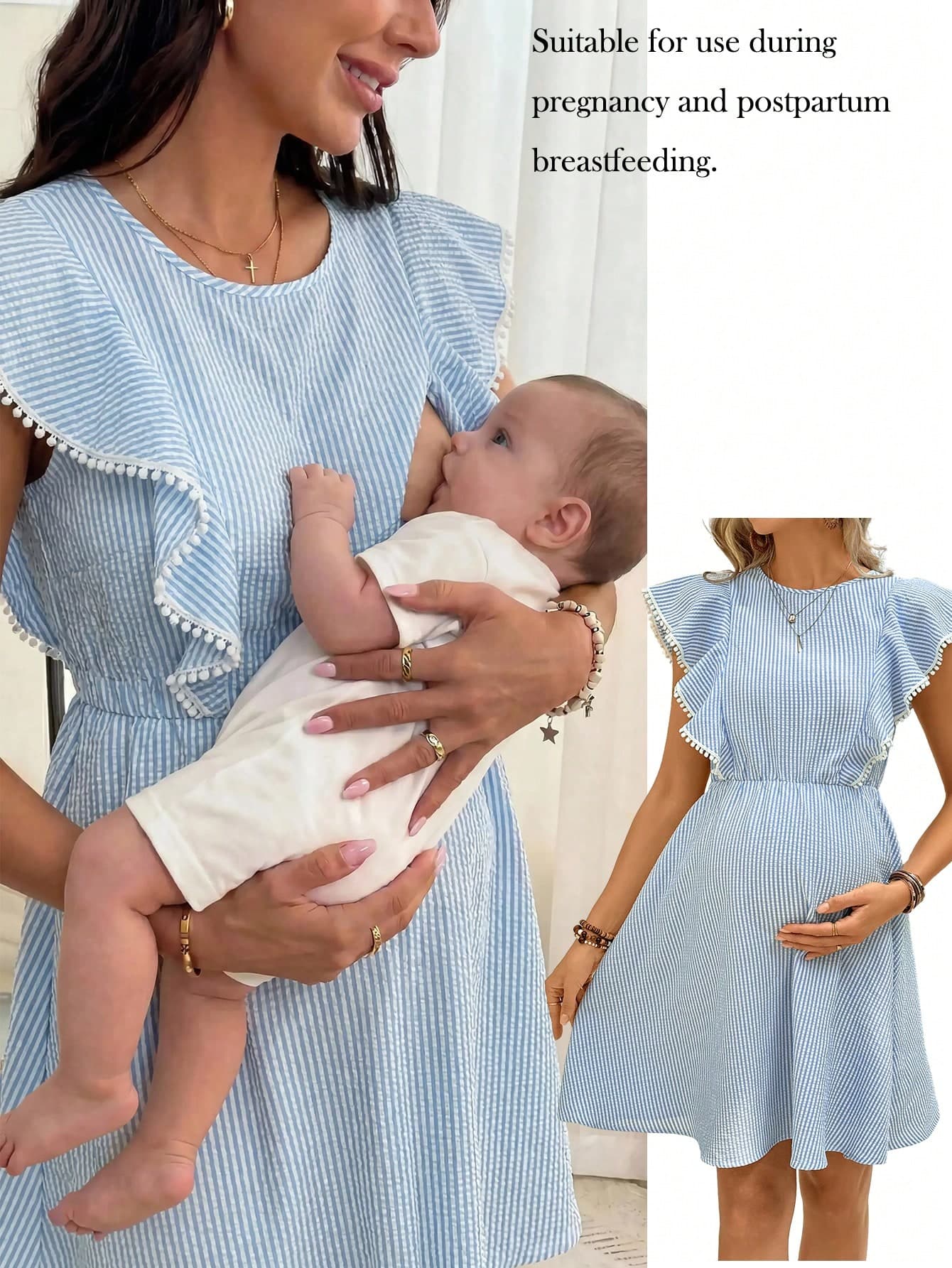 SHEIN Maternity Casual Striped Ruffle Hem Dress, Summer Blue Nursing Dresses For Women Woman Short Baby Shower