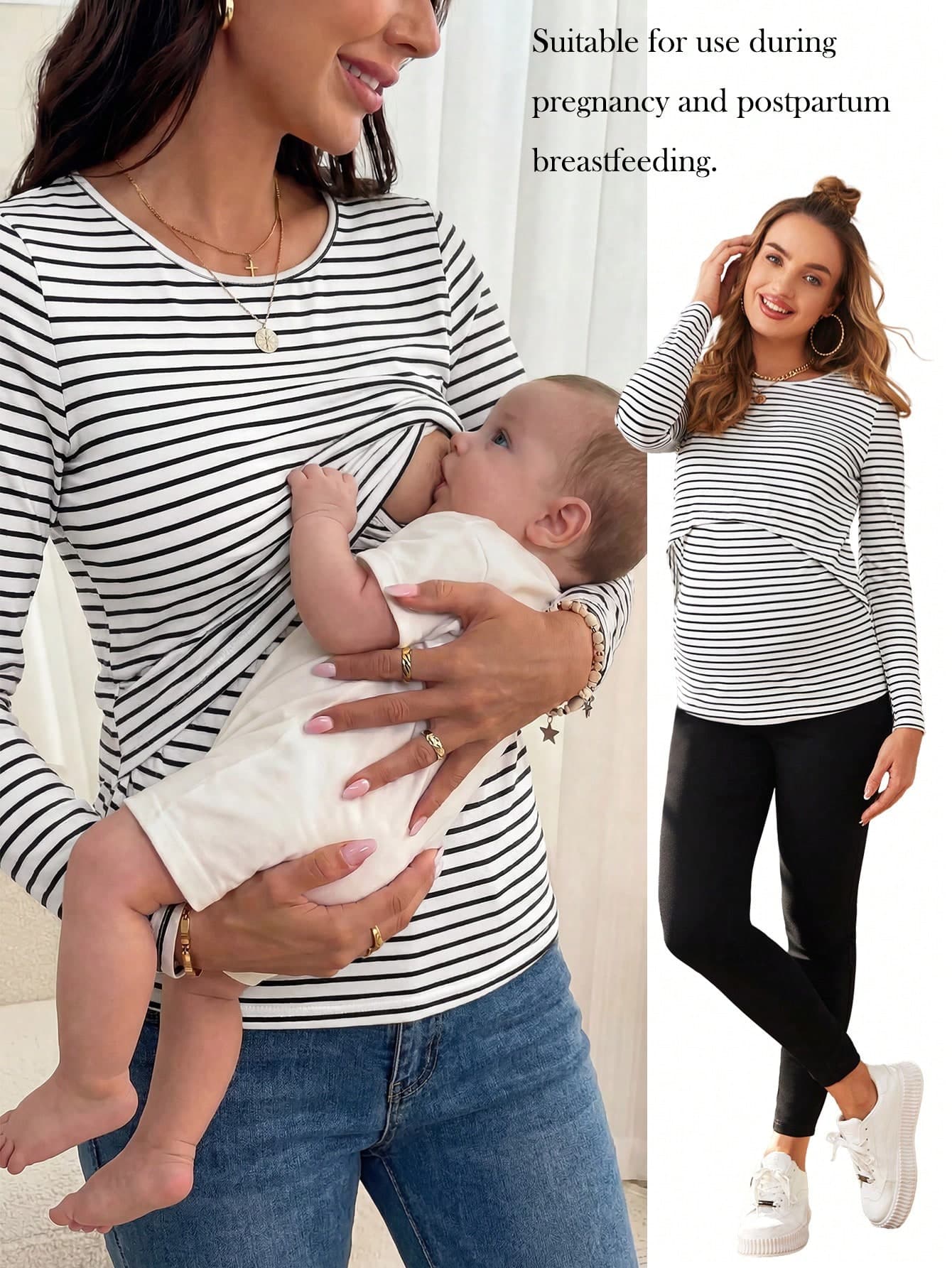 SHEIN Maternity Striped Print Nursing Detail Tee With Long Sleeve World Cup Fall