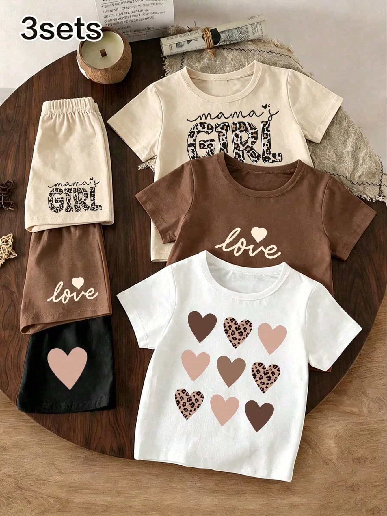 3Set Young Girls' Casual Round Neck Short Sleeve T-Shirt+Shorts,Heart,Floral Patterns,Summer,Family Matching Outfit For Vacation & Leisure Wear