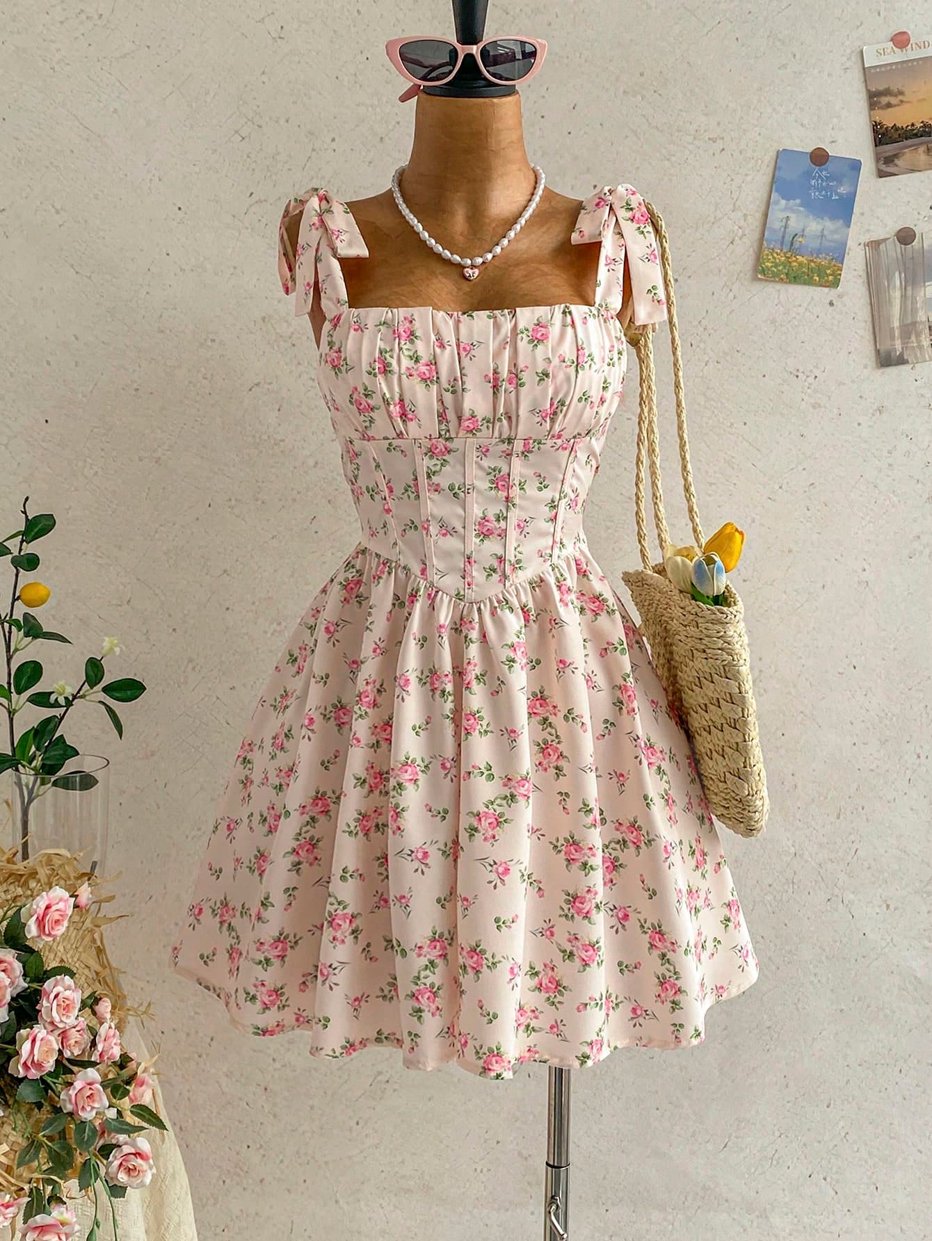 Soleia New Vacation Lace-Up Sweet Cute A-Line Princess Mini Dress Bohemian Boho Romantic Romantic Goth Floral Party Date Valentine's Day Pink Floral Summer