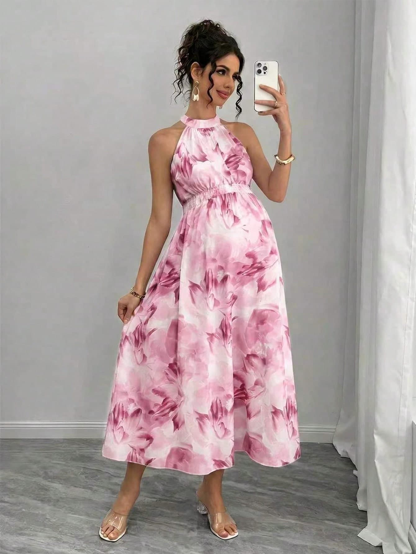 Momance Maternity Halter Waist Pink Maxi Dress Maternity Photoshoot Summer Maternity
