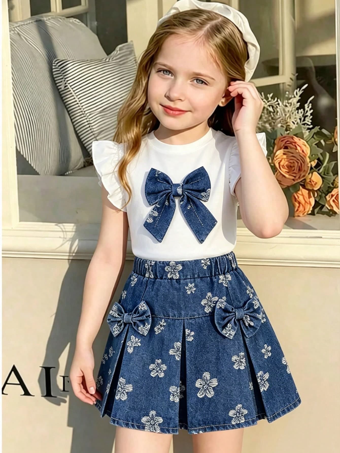Souflis Souflis 2pcs/Set Girls Toddler Spring/Summer White Flutter Sleeve T-Shirt Top With 3D Bow Decor Floral Jacquard Pleated Mini Skirt Back-To-School