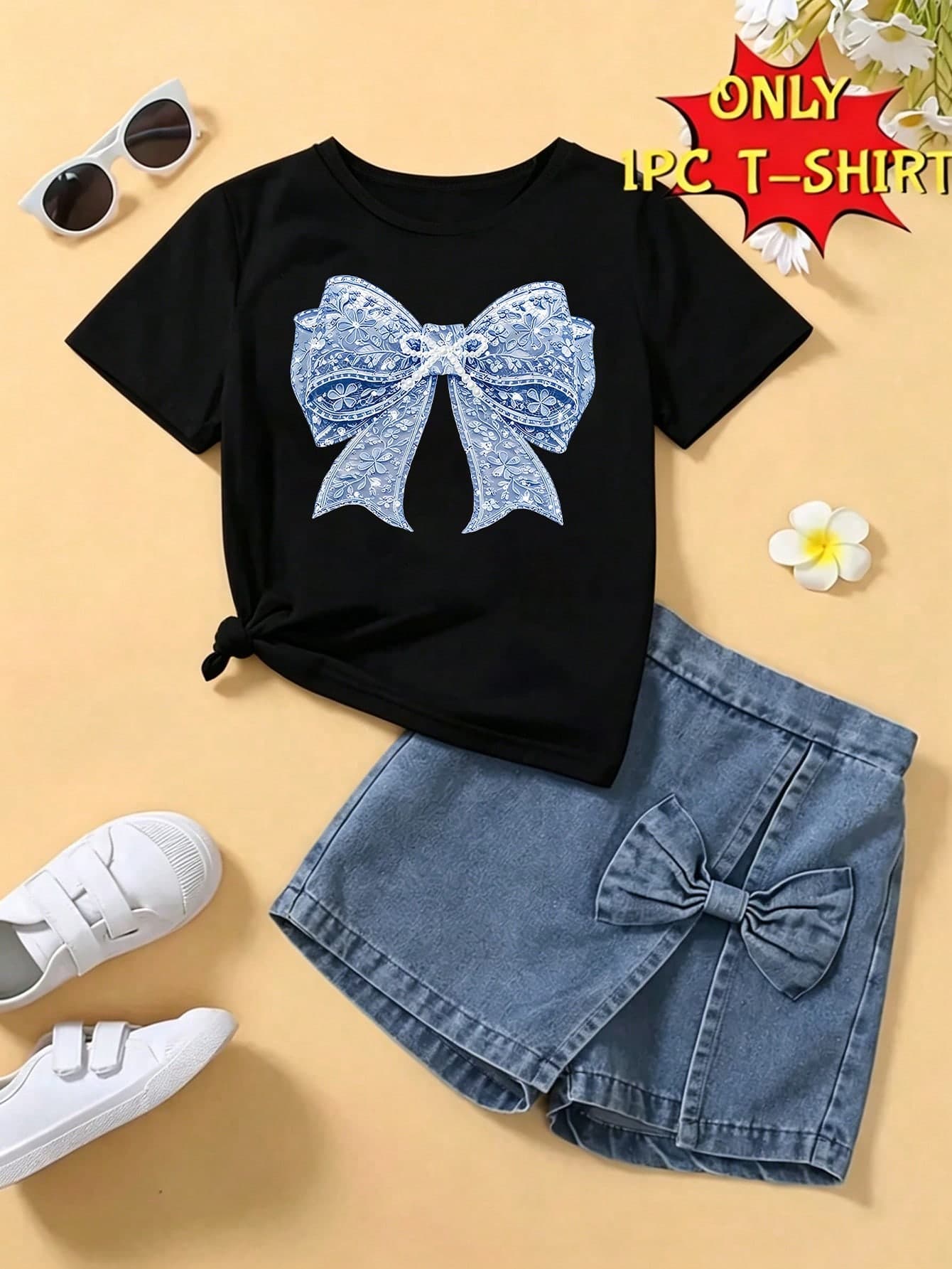 Elladie kids Girls' Minimalist Blue & White Floral Bow & Pearl Pattern Print Basic Black Short T-Shirt, Comfortable Summer Casual Everyday Outfit