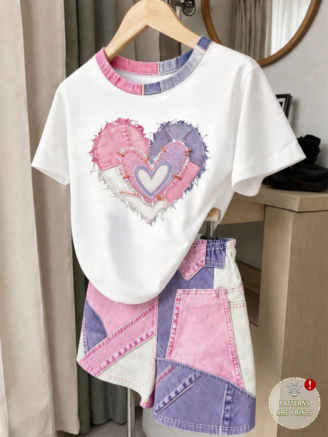 Kids Young Girl Casual Simple Cartoon Pattern Short Sleeve Shorts 2-Piece Set Suitable For Summer