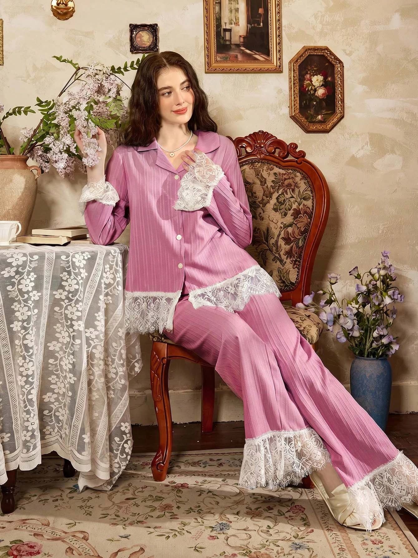 Côtesoire French Elegant Romantic Lace Patchwork Women's Pajama Set