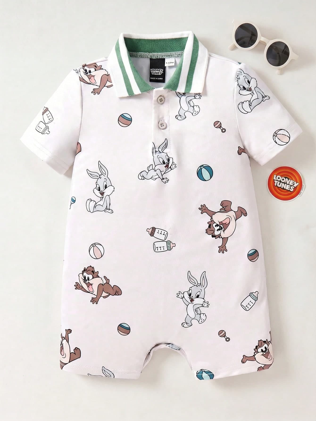 LOONEY TUNES X SHEIN Baby Boy Cartoon Milk Bottle & Ball Print Polo Collar Casual Comfortable Short Sleeve Romper