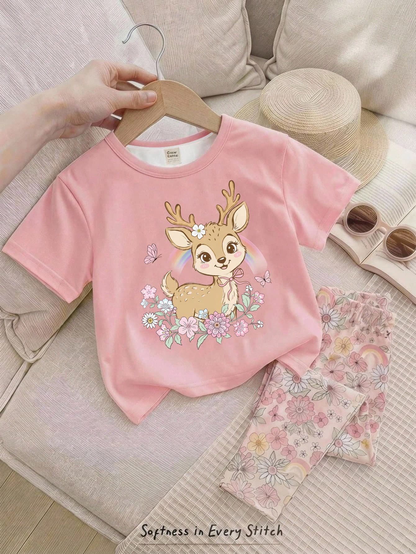 Baby Girl Casual Minimalist Cartoon Print Round Neck Loose Short Sleeve T-Shirt & Tight Leggings Set, Suitable For Spring And Summer